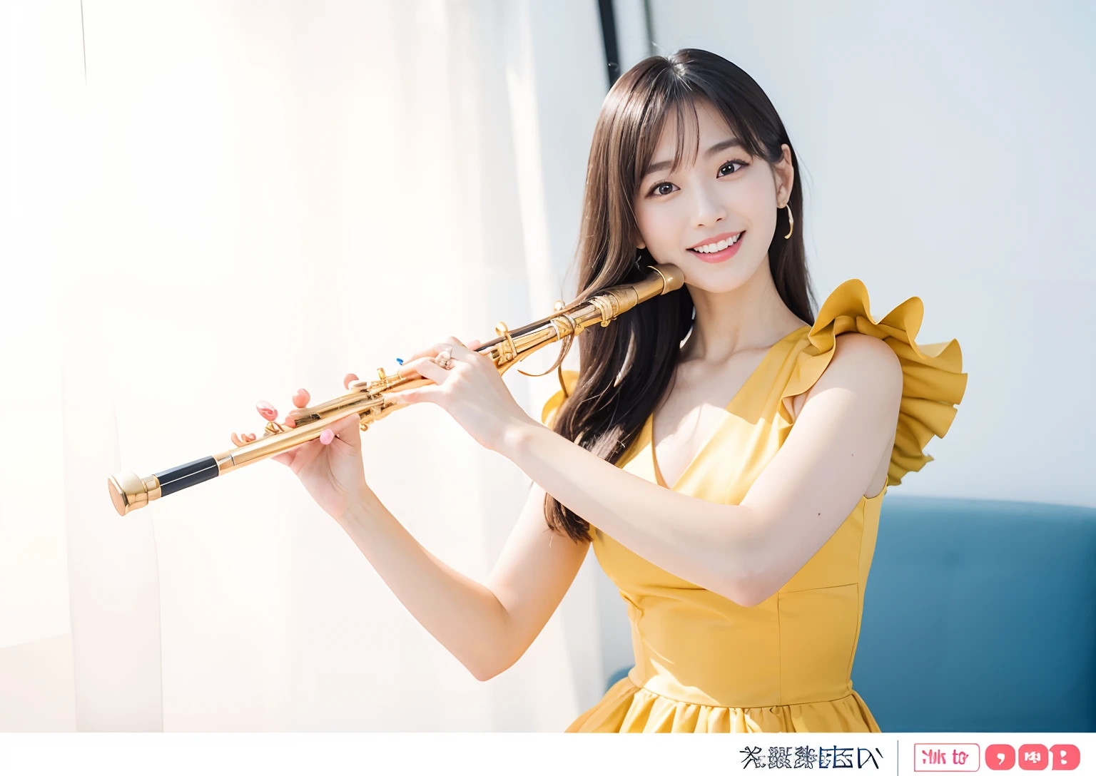 ((Half Japan and half Spanish, The most beautiful idol face in Japan,Perfect smile looking at the camera,25-years old,Perfect face,Playing the flute,Turn to this,View here,Stand on stage in the concert hall,Play gracefully,On the stage of the concert hall,Elegant and beautiful dresses,Perfect fingers,perfect arms,A big smile is staring at me.....,Biggest smile,Graceful and beautiful)),((Extravagant concert hall,Detailed backgrounds of the highest quality,The ultra -The high-definition,Perfect Anatomy,high-definition RAW color photography,professional photograpy, extremely delicate and beautiful, Extremely detailed,finely detail, Huge file size,Top image quality,8K,Photos taken with a single-lens reflex camera,Award-Winning Works,masutepiece))Woman in a yellow dress playing the flute, young girl playing flute, 奈良美智, musician, elegant japanese woman, stock photograph, A Japanese Lady, stock photograph, Japanese Models, istockphoto, in a japanese apartment, Stock Photo, ;Open mouth, marketing photo, istock