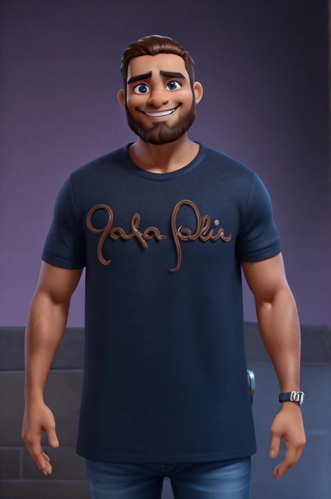 tom da pele marrom, barba curtinha, olho centralizado, sorrindo perfeitamente, cabelo e barba preto, cabelo curto, cor dos olhos (castanhos), segurando um microfone
