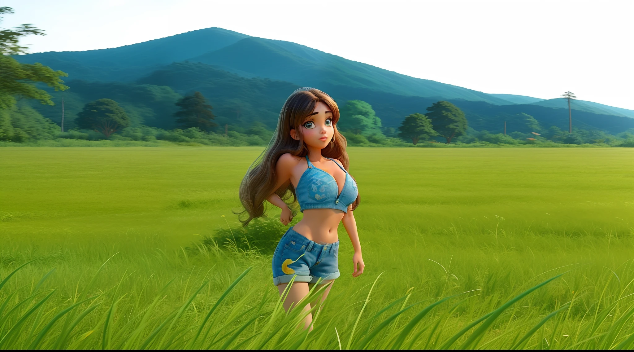 Mulher linda com leve franja, in a bikini and denim shorts, olhos castanhos, estilo pixar, no campo, Disney, foto em Hd