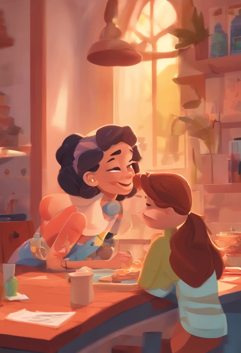An illustration of an adorable couple, Destacando um homem e uma mulher com beleza, Expressive eyes – the man's hair is bald and brown and he has a full beard, While the woman's hair is tied up in a bun and blonde. They are a bright space, Todos com um sorriso no rosto, e compartilhe um momento especial, That is marked by love, viagem, and pedagogical insights. Ilustre esta cena a partir de uma perspectiva, where they're facing away from the camera, Show Your Connection. Desenvolva esta arte em Full HD, Focus on your cinematic touch, Estilo Disney Pixar Animations