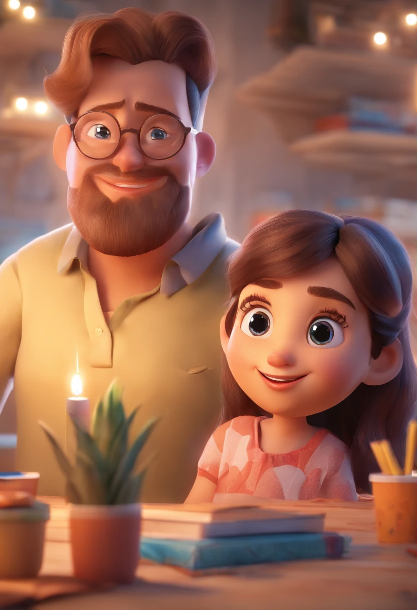 An illustration of an adorable couple, Destacando um homem e uma mulher com beleza, Expressive eyes – the man's hair is bald and brown and he has a full beard, While the woman's hair is tied up in a bun and blonde. They are a bright space, Todos com um sorriso no rosto, e compartilhe um momento especial, That is marked by love, viagem, and pedagogical insights. Ilustre esta cena a partir de uma perspectiva, where they're facing away from the camera, Show Your Connection. Desenvolva esta arte em Full HD, Focus on your cinematic touch, Estilo Disney Pixar Animations