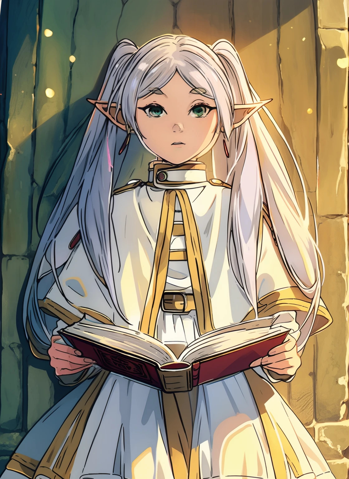 anime girl in a white dress holding a book, dressed like a cleric, elf girl, portrait of a young elf wizard, young half elf wizard, white haired deity, old artbook, a portrait of an elf, an elf, portrait of an elf, cleric, frieren, 1girl, earrings, elf, long hair, pointy ears, solo, twintails, green eyes, earrings, white hair, looking at viewer