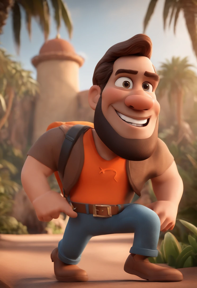 MAKE A Disney Pixar Style Character Style Display Poster "DISNEY PIXAR SOUL "cartoon of a thinly bearded brunette man wearing black sunglasses and an orange t-shirt, um personagem animado, com roupas de trekking e mochila nas costas, Caractere estilizado, animation style rendering, 3D estilizado, Arnold Maya render, 3 d render stylized, toon render keyshot, Personagem 3D, Personagem 3D, 3d rendering stylized, 3 d character render, personagem de desenho animado, Personagem de close up, Pose de personagem, (Estilo Pixar) (master part:1.2) (Bokeh) (melhor qualidade) (pele detalhada) (textura detalhada) (8k) (argila) (Cinematic lighting) (foco nítido，Senta e vaza a parte superior do corpo