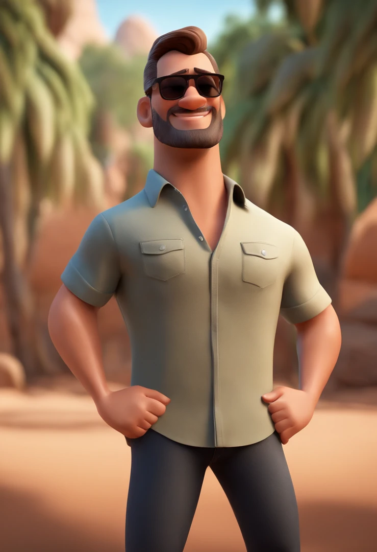 MAKE A Disney Pixar Style Character Style Display Poster "DISNEY PIXAR SOUL "cartoon of a thinly bearded brunette man wearing black sunglasses and an orange t-shirt, um personagem animado, com roupas de trekking e mochila nas costas, Caractere estilizado, animation style rendering, 3D estilizado, Arnold Maya render, 3 d render stylized, toon render keyshot, Personagem 3D, Personagem 3D, 3d rendering stylized, 3 d character render, personagem de desenho animado, Personagem de close up, Pose de personagem, (Estilo Pixar) (master part:1.2) (Bokeh) (melhor qualidade) (pele detalhada) (textura detalhada) (8k) (argila) (Cinematic lighting) (foco nítido，Senta e vaza a parte superior do corpo