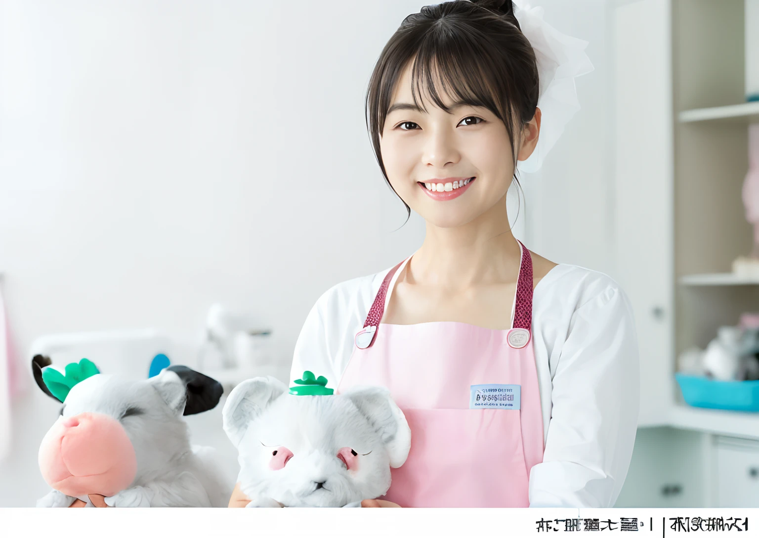 ((photoRealstic,Beautiful nursery teacher,25-year-old Japan Beauty,The most beautiful faces in Japan,pink apron,Wearing an apron,Beautuful Women,Perfect gas chamber,A big smile staring at the camera,The background is a nursery playroom,blurry backround,nursery office、blurry backround,))、(light skinned,A slender,Slender body,Breasts are big,Colossal tits,Emphasize the chest,Cute animal illustration on pink apron,Emphasis on the chest,Gentle beauty,maternal,Warm smile,Hair tied back,straight haired,poneyTail),(Baby playroom on light color background, The background is a toy room, Playful and cheerful background、 The background is the whole room, Bright room, Bright color scheme, colourfull,The background is soft play, The background is the Activity Play Center,)),((A detailed face,perfect teeth,White teeth,finerly detailed face,beautiful countenance,Perfect smile,Perfect fingers,Accurate 5 fingers,high-definition RAW color photography, professional photograpy, extremely delicate and beautiful, Extremely detailed,finely detail, Huge file size,Top image quality,8K))Woman with carrot and carrot drawing isolated on blue background, exciting illustration, vibrant detail, japanese anime artist drawn, istockphoto, by Un'ichi Hiratsuka, natsumi mukai artwrok, japanese illustrator, photoillustration, stock art, Illustrative!!, 奈良美智, kano)