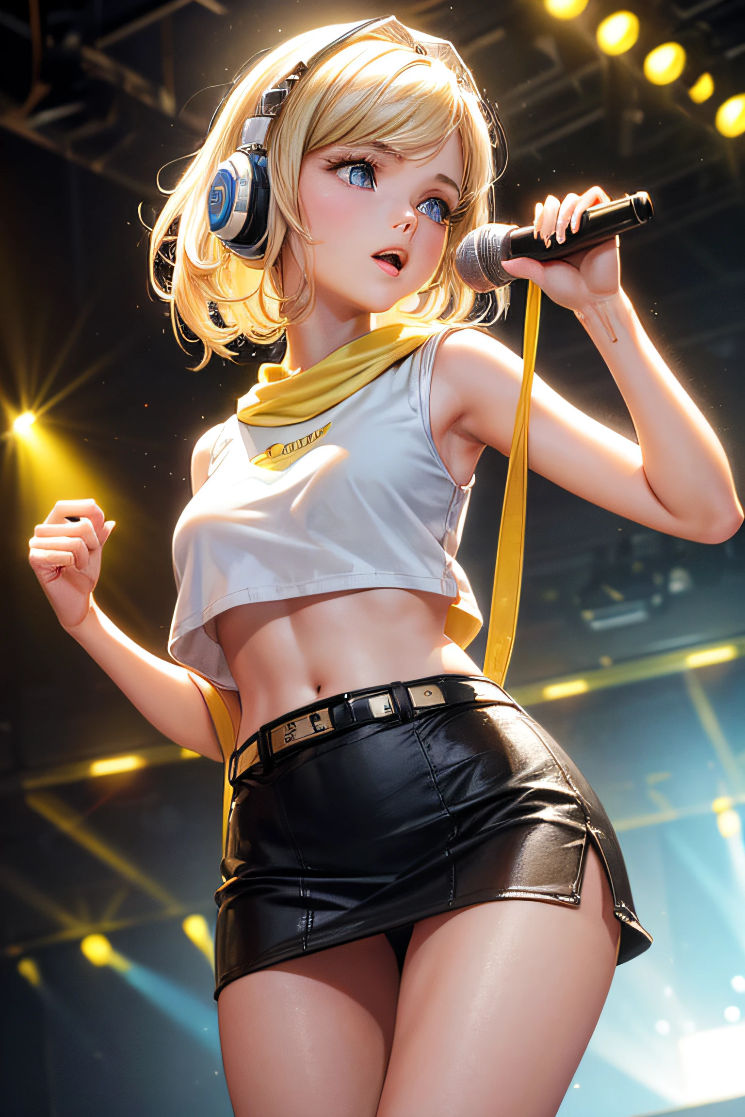 Photo of 18-year-old Olivia Newton-John in a white and yellow miniskirt with headphones、Clutching the microphone, bare your belly button、Post-singer-style realistic photos、disheveled blonde hair、Blue eyes、3d rendered、Cinematic yellow and black light、brilliance、16k resolution、