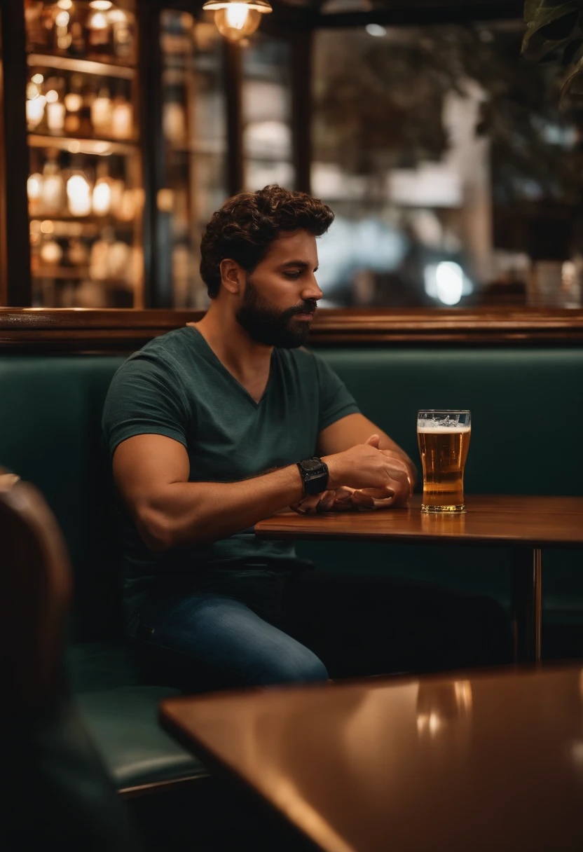 There's a man sitting at a table with a glass of beer, taken in the early 2020s, fotografia tirada em 2 0 2 0, sitting at a café, relaxing after a hard day, Fotografia tirada em 2 0 2 0, sentado em um bar, tirado no iphone 1 3 pro, tirado no iphone 14 pro, sentado em um lounge