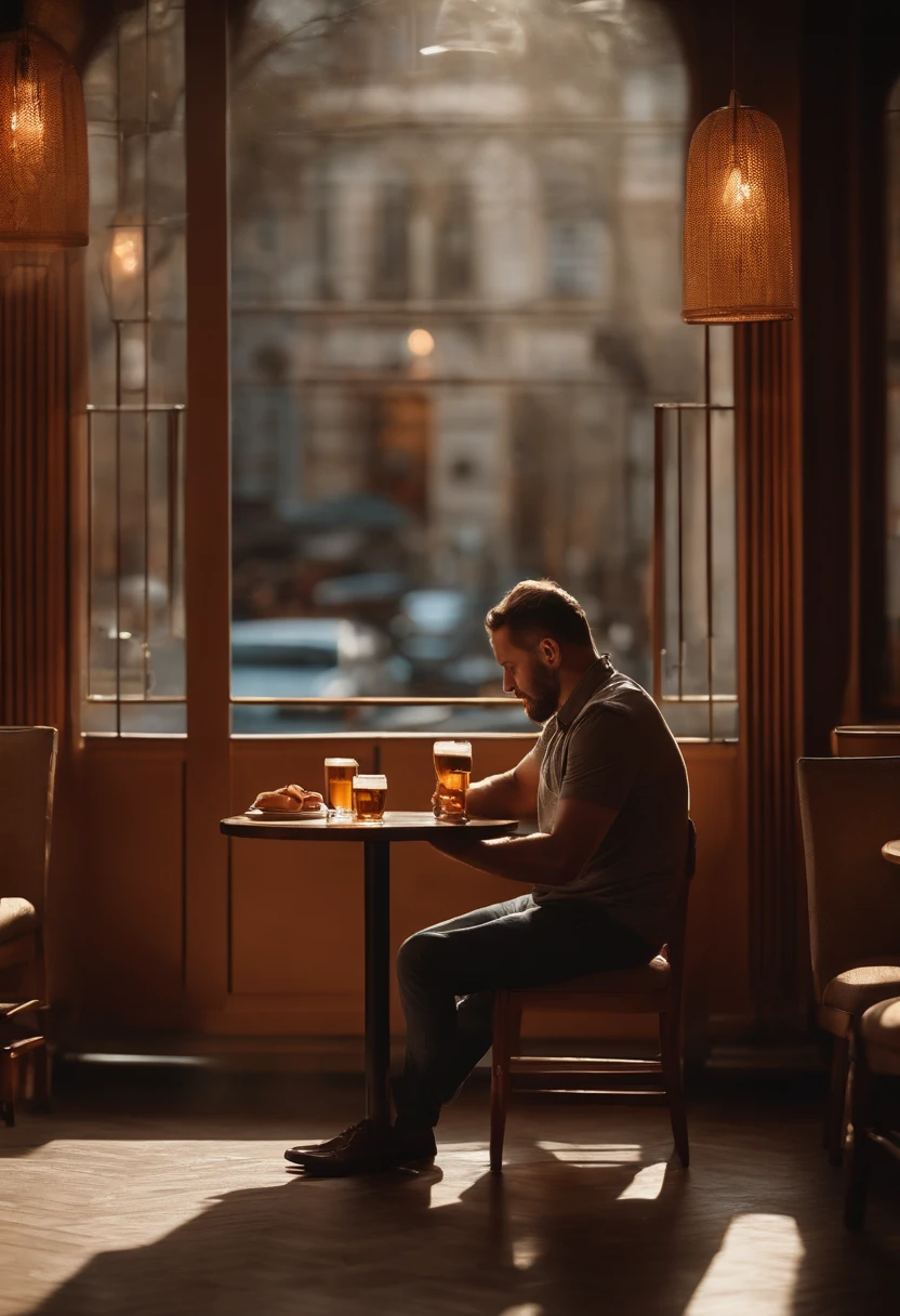 There's a man sitting at a table with a glass of beer, taken in the early 2020s, fotografia tirada em 2 0 2 0, sitting at a café, relaxing after a hard day, Fotografia tirada em 2 0 2 0, sentado em um bar, tirado no iphone 1 3 pro, tirado no iphone 14 pro, sentado em um lounge