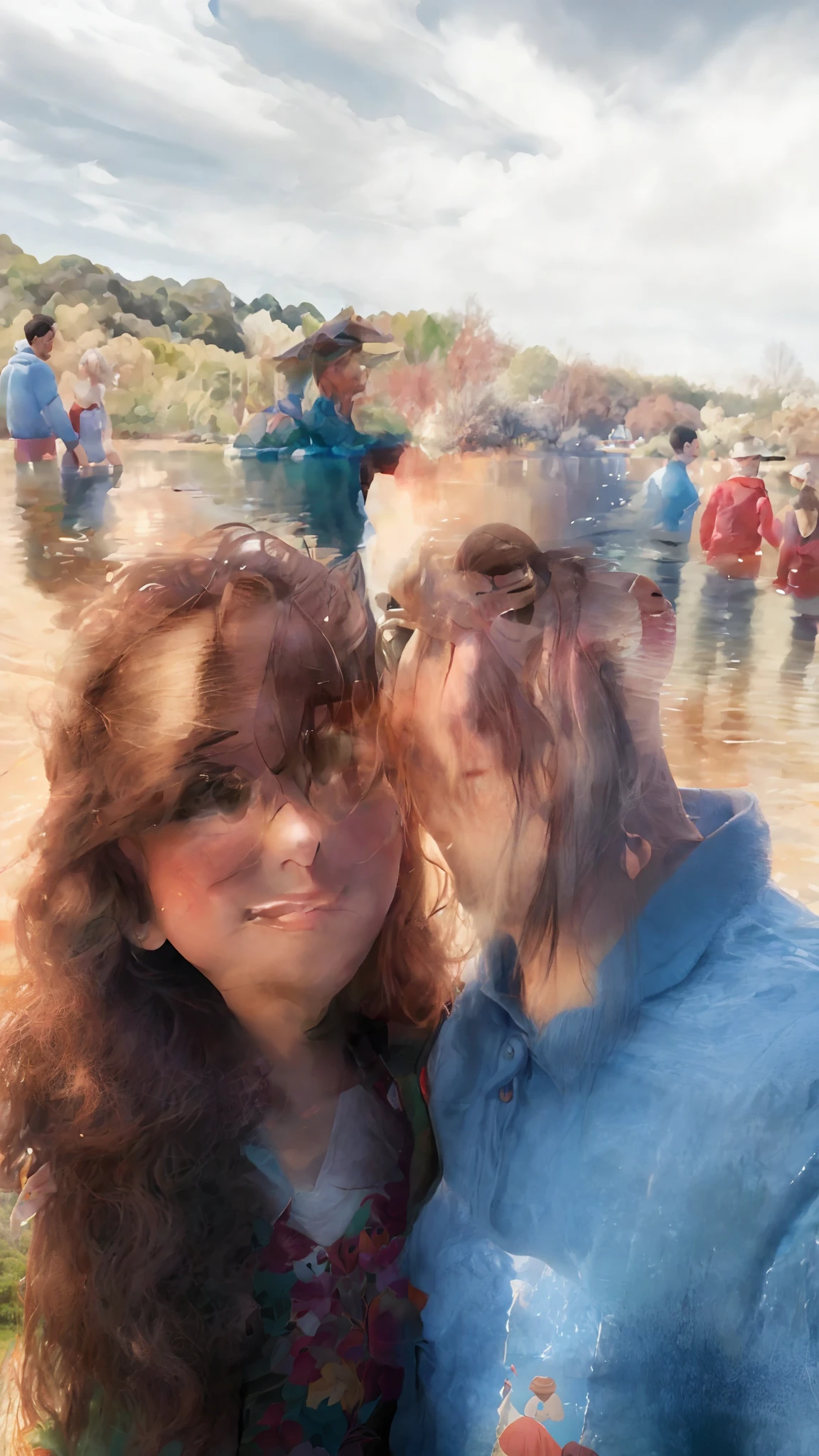 There are two people next to each other near a lake, standing in a botanical garden, Parque em segundo plano, no Parque, em um parque e ao lado de um lago, com um parque ao fundo, em um parque da cidade, em um parque, em um lago, Directed by: Nandor Soldier, Lago ao fundo, imagem de perfil, vacation photo