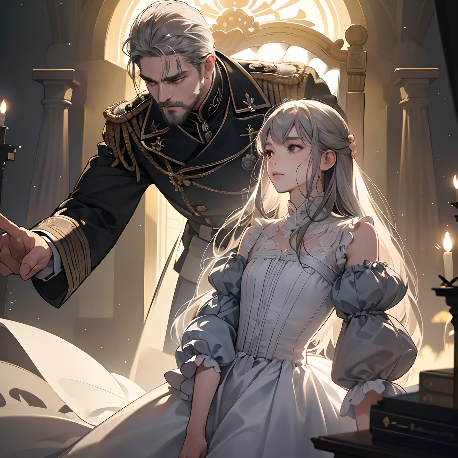 (masterpiece:1.2)、top-quality、(illustratio:1.2)、(ultra-detailliert)、Hyper-detailing、(delicate detail)、(intricate detailes)、(ciinematic light、best quality backlight)、Clear Line、frombelow、soloist、the perfect body、(50 generations、male people)、Gray hair and black eyes、beard、(Military division、eye glass)、Stand on the side of the throne、grim facial expression、highly contrast、(The best lighting、Very creative and beautiful)、 (Cinematic light)、colourfull、1人