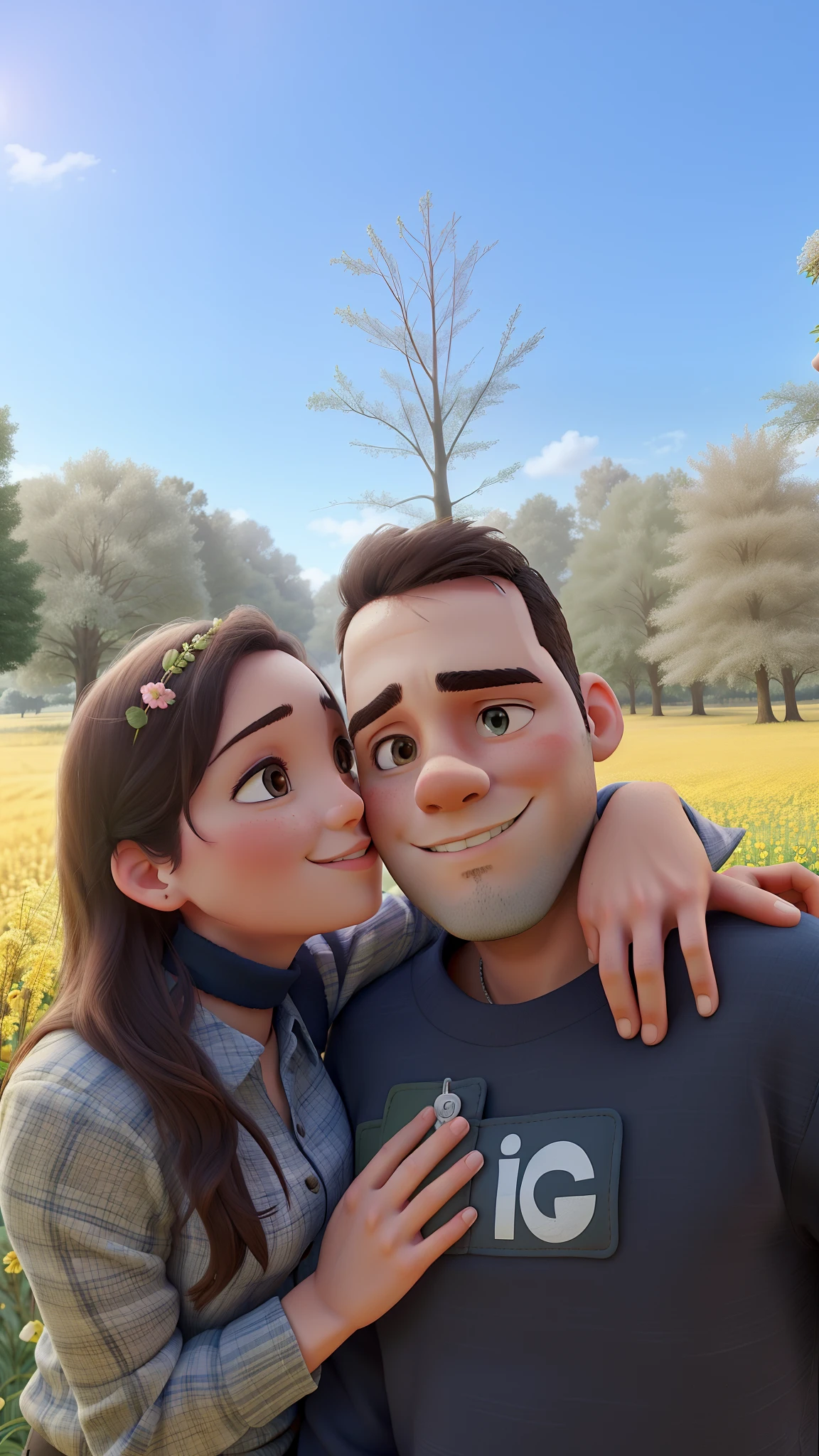 A couple in love in a field with trees in the background