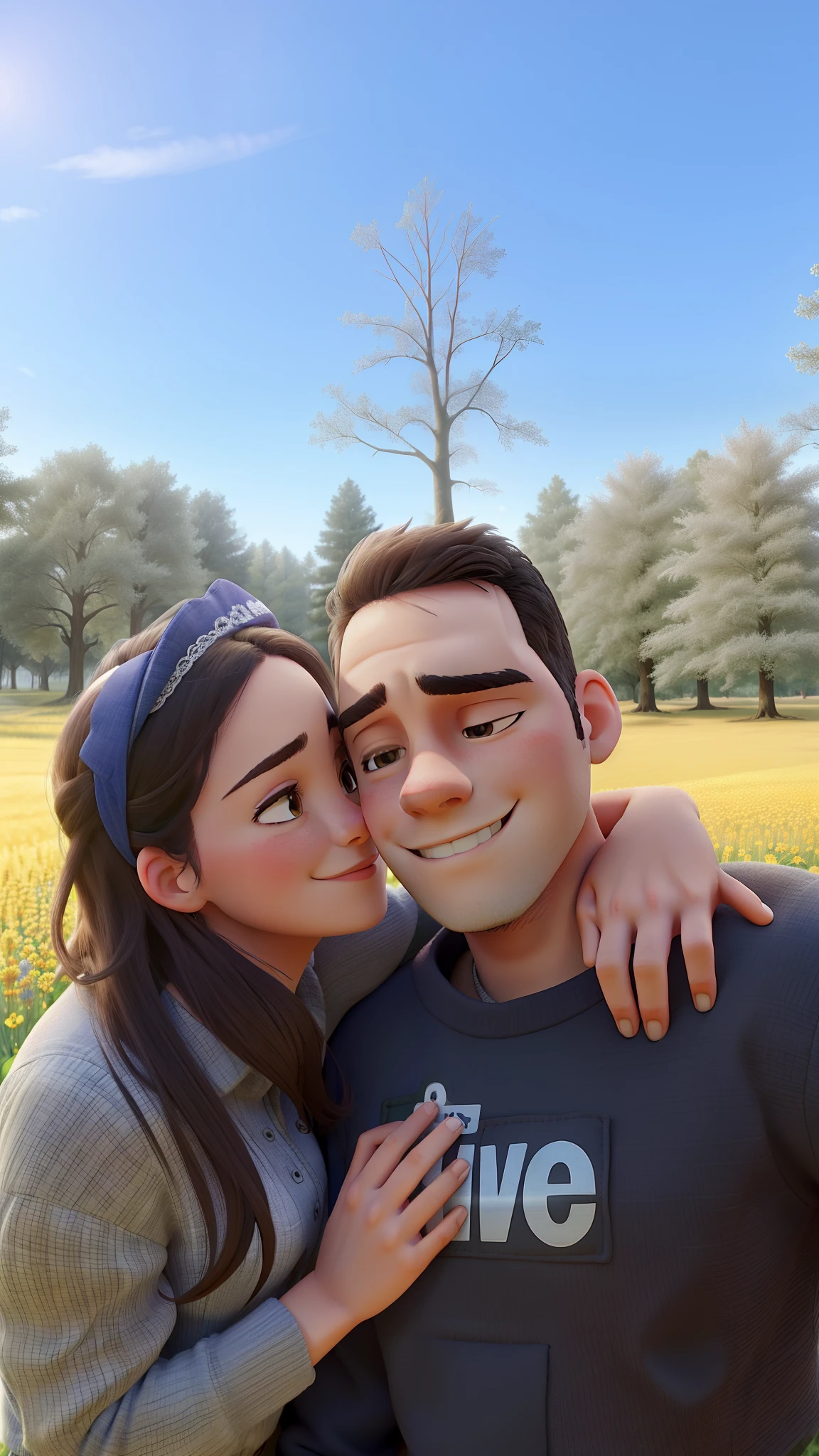 A couple in love in a field with trees in the background
