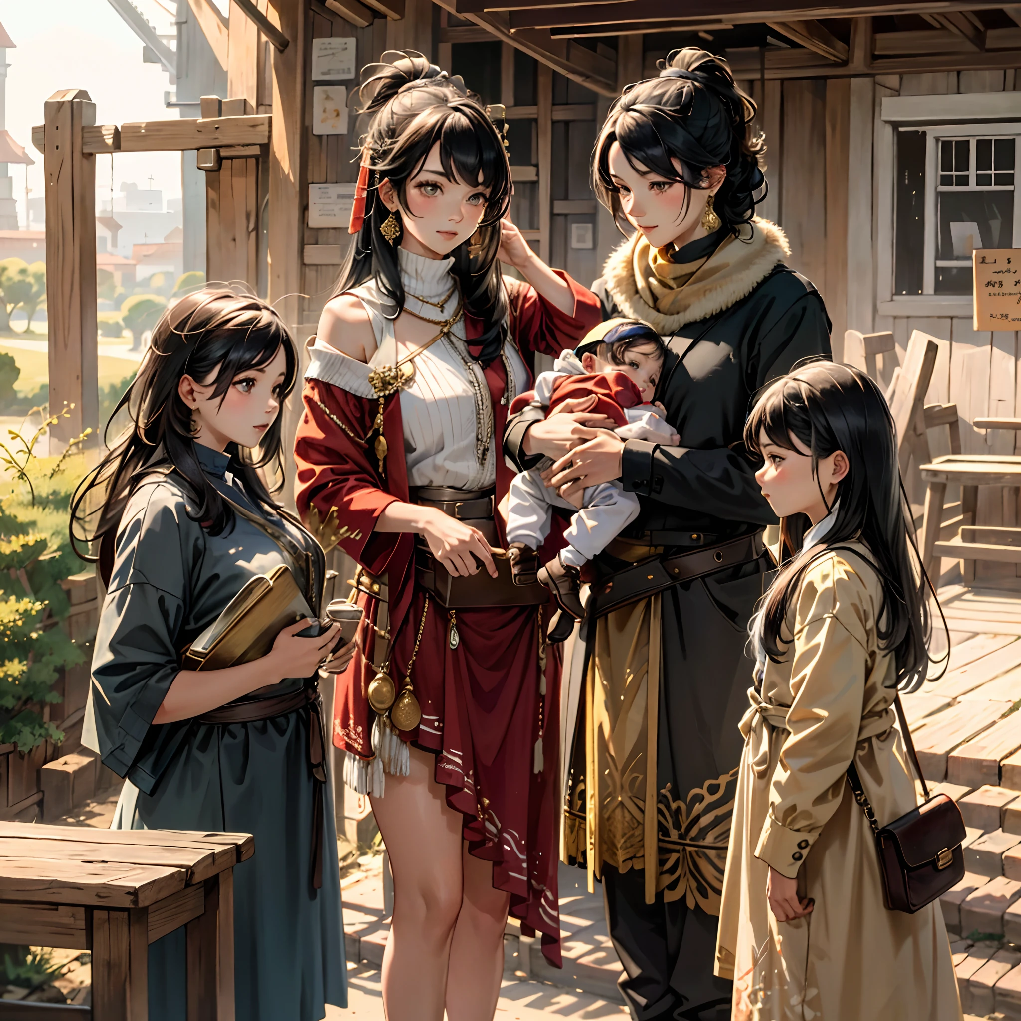 A family composed of: um pai, moreno, com barba e cabelo bem curtos; a mother with the same color and hair as Pocahontas; And a baby girl who looks like her mother.
