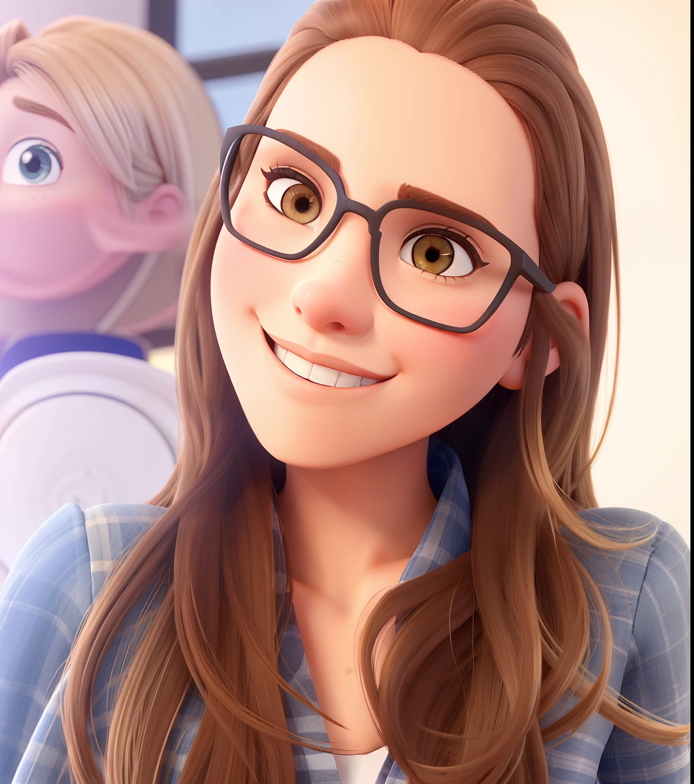 sexo feminino, Brown hair with medium-sized blonde highlight, sobrancelhas cor castanho claro, pele branca, Sardinhas no rosto, Large eyelashes of the rounded face, olhos grandes cor castanho claro, nariz arredondado, piercing septal, Piercing labret lateral, sorriso de canto, delineado grande preto, recepcionista, hotel, Blue shirt written Quarter in sight on left chest,