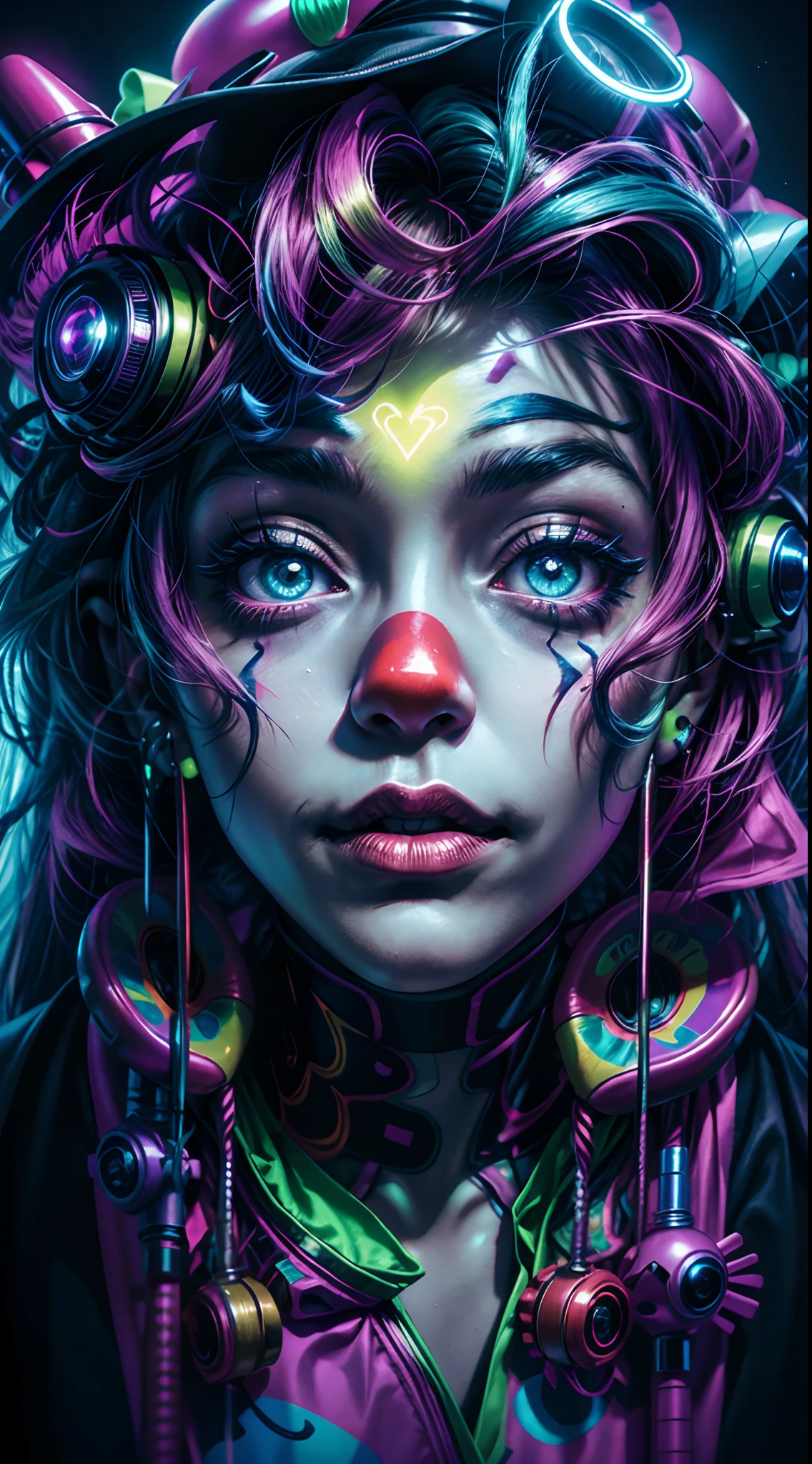 18-year-old taboo clown girl's face， ((Clown Girl)) ，Spooky and evil eyes，Blue light and green light，Neon lights