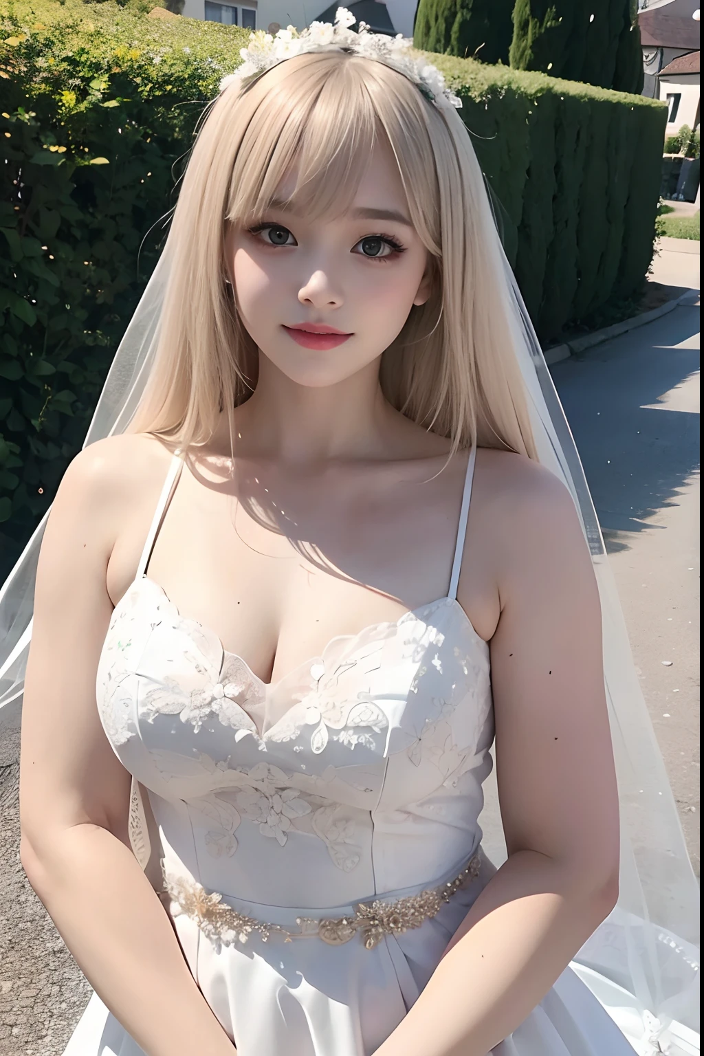 A girl,16 year old,european countryside,blonde,bangs bangs,pretty face,wedding dress,thick muscular arms