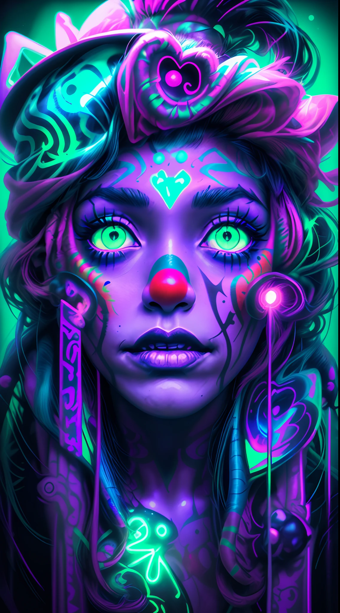 The face of a 18 forbidden clown girl ((aboriginal)) Spooky and evil eyes，Blue light and green light，Neon lights