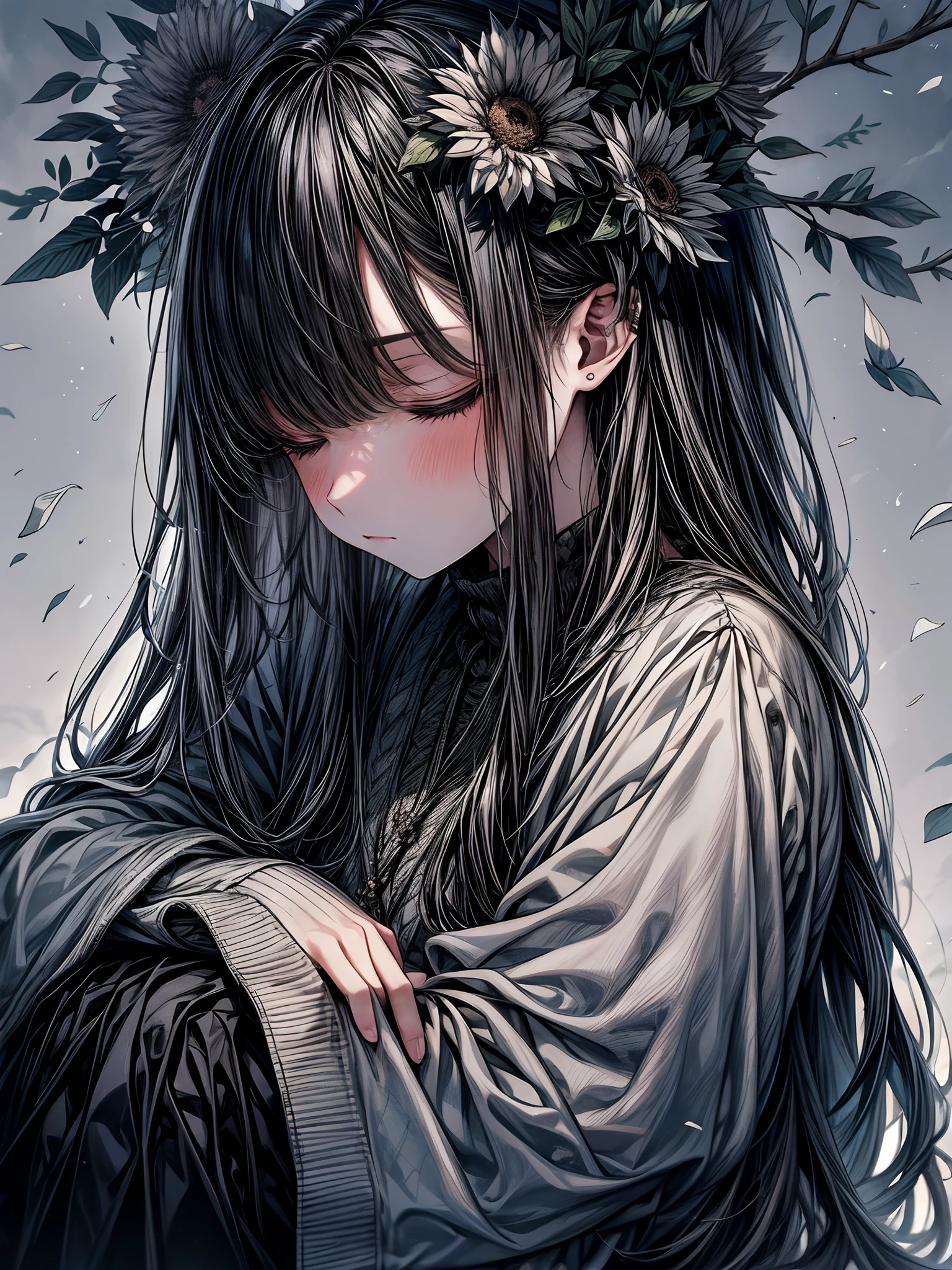 The sky is dyed grey,
The wind is cold and blows
tree々Drop leaves
flower々falls asleep