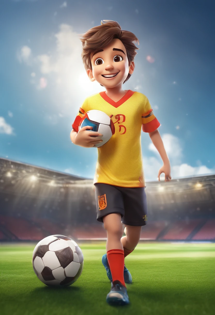 (best quality,realistic:1.37),boy with a joyful smile,soccer uniform,holding a ball in his arm on a football field,grass,clear sky,cheerful atmosphere,vibrant colors,sharp focus,shadows and highlights,portraits,studio lighting,emphasizing the boy's face and expression,texture,high resolution,professional,bokeh