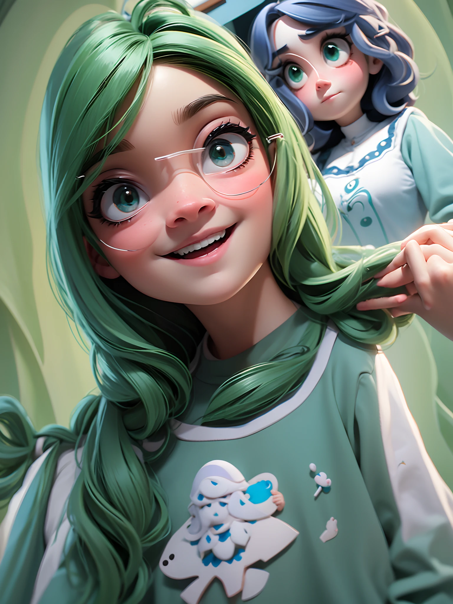 Estilo Pixar: Familia, Um pai, A mother and two girls cabelos pretos e olhos pretos . Uma de 7anos olhos verdes e cabelos castanhos claro e uma meninanos olhos azulados cabelos cacheados curto . Uma fazenda com vacas lindas e marrom .
