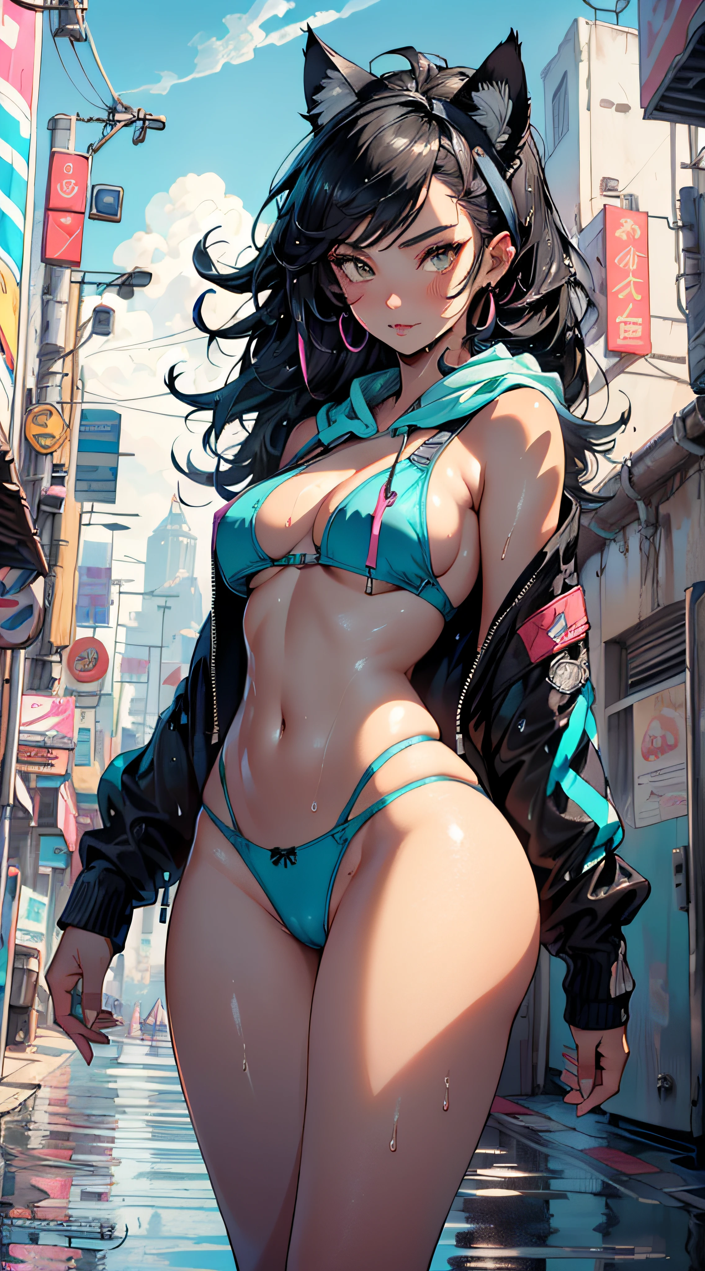 girl spacepunk,(((1girl))),((beautiful girl with cute cat ears)),

(small breasts, small boobs, small tits:1.4),perky breasts,((black hair, teal hair, black/teal messy hair ,colored inner hair,long hair:1.5,absurdly long unkempt hair:1.35,long black hair,ear breathing,intricate cut hair)),((((cat ears,cat ears on head,big cat ears)))),(((white_eyes:1.3))),intricate eyes,beautiful detailed eyes,symmetrical eyes,((fat)),(((lustrous skin:1.5,bright skin: 1.5,skin tanned,shiny skin,very shiny skin,shiny body,plastic glitter skin,exaggerated shiny skin,illuminated skin,wet legs))),(spider lower abdomen,narrow waist,wide hip,athletic body,inflated legs,detailed body,(detailed face)),

cute,slutty,seductive,erotic,(((nsfw))),

zettai ryouiki,revealing clothing,show skin,((((underboob)))),((cleavage)),(semi-naked,with little clothing,((tiny thong, armor thong intricate)),large sport socks,visible thong straps,no bra),((((crop top hoodie,cropped hoodie,hoodie,hoodie intricate)))),(((wet clothes,intricate outfit,intricate clothes))),

(dynamic pose:1.0),solo focus,embarrassed,(centered,scale to fit dimensions,Rule of thirds), pose focus on butt, focus on waist

cyberpunk city by the ocean at night, with bright neon signs and dark stormy clouds and puddles, scenery:1.25,nighttime, starry night, cosmos,

artistic photography,(photography taken by sldr),highres, sharp focus, (ultra detailed, extremely detailed), (photorealistic artwork:1.37),(extremely detailed CG unity 8k wallpaper),((synthwave background theme)),(((vibrant colors))),(intricate background),(masterpiece),(best quality),