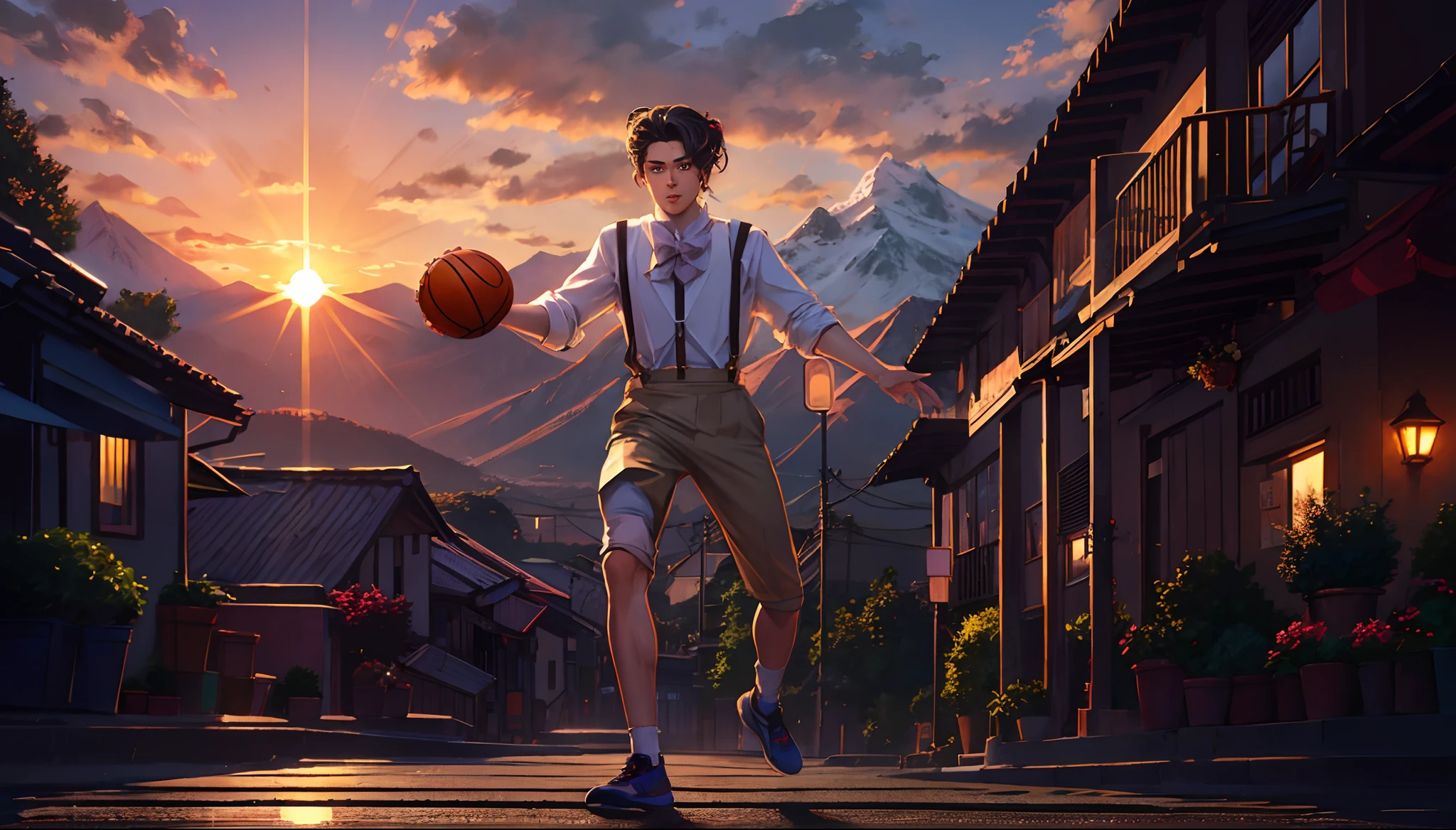 the sunset，eventide，Big Mountain，middle parted hairstyle，Suspenders，Five fingers are normal and clear，Put your feet on the ground，Two hands，Two feet，basketball ball，Boy student
