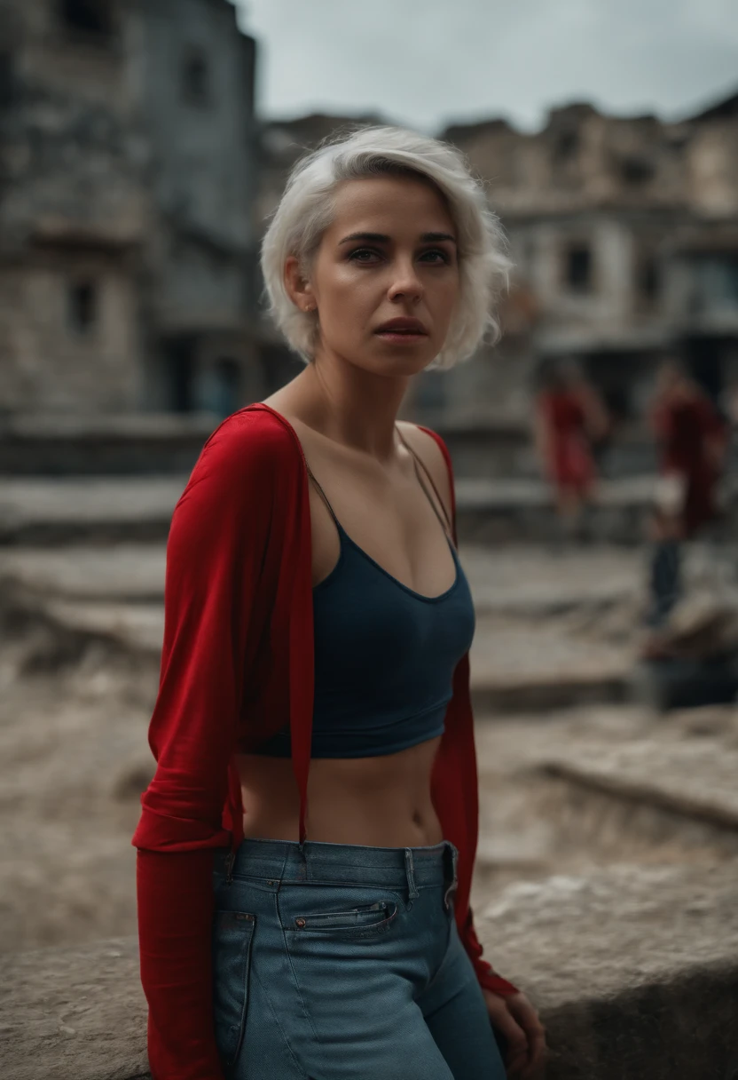 Uma  triste, olhos tristes, she's almost crying, (fear expression), shy face, Terrified expression, 10 anos, Realistic, (she's wearing baggy panties), (Dilapidated city), sentado em cima de uma poltrona velha rasgada, she's wearing a bra with a bulge, calcinha macia, totally loose on the private parts, [NFSW,], rosto virado para o lado esquerdo, messy short platinum hair,  hair tied with red bows, Rosto detalhado, com sardas, master part,