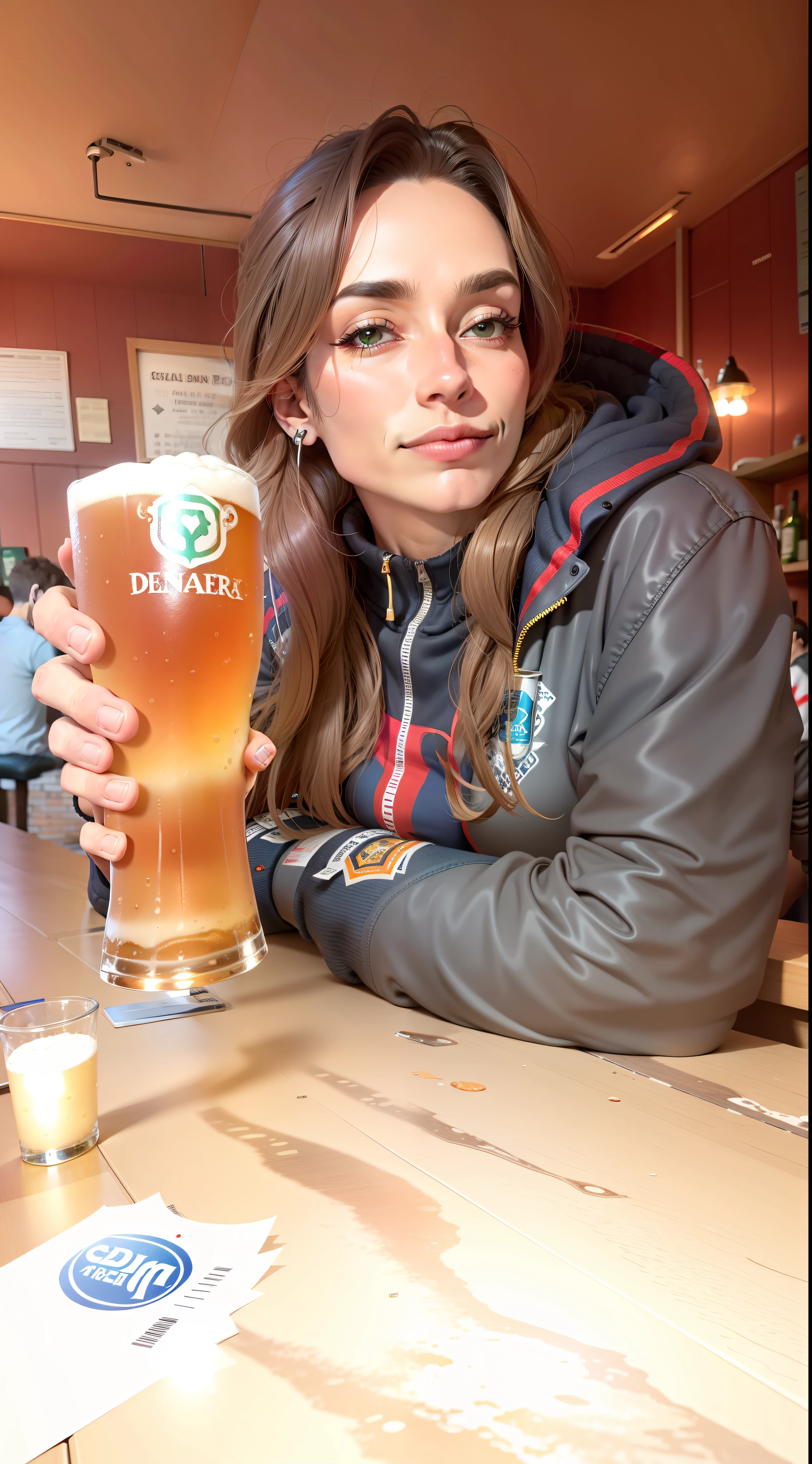 mulher segurando um copo de cerveja na frente de uma mesa, segurando uma cerveja!!, segurando um copo grande de cerveja, segurando cerveja, segurando uma cerveja, segurando a pinta de ale, beber uma cerveja, com uma bebida, beber cerveja, no pub, em um pub, em um bar, cerveja gelada, beer in hand, beber no bar