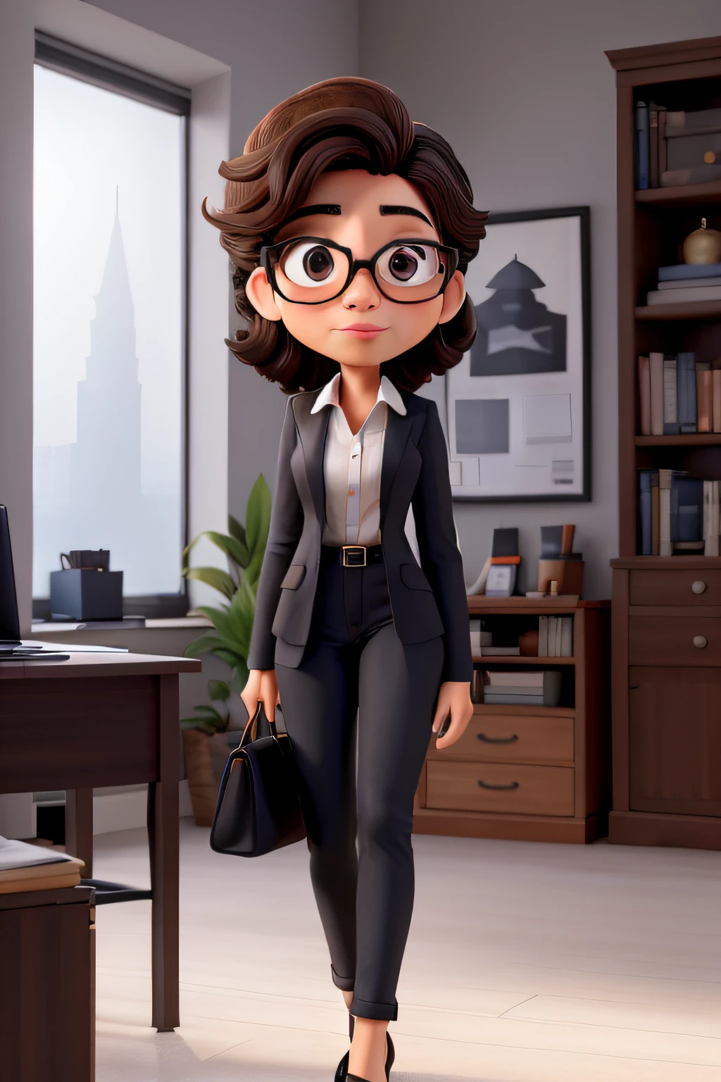 The protagonist of the image is a Brazilian woman of approximately 25 years old, que ocupa o cargo de CEO em uma empresa de consultoria financeira. Seu cabelo, da cor castanho escuro, Falls in gentle waves up to chest height, com leves cachos nas pontas. His skin is white and flawless, highlighting your facial features. His eyes are dark brown, Displaying Determination and Confidence. Ela pesa 97 quilos, which adds authenticity to the representation of body diversity. She wears black-framed glasses that add an intellectual touch to her look. Her lips are enhanced with a pink lipstick, that brings a touch of softness and elegance to your face. The protagonist radiates intelligence and sympathy. Her gaze is penetrating and welcoming, reflecting your leadership ability and interpersonal ability. She's wearing a black dress shirt, Stylishly groomed in jeans. Her shoes are black high heels, Adding a touch of sophistication to your look. She's in an office with an industrial style, where there's a black notebook on the table, uma cadeira preta e a mesa, com seu estilo industrial, contribui para um ambiente moderno e profissional.
