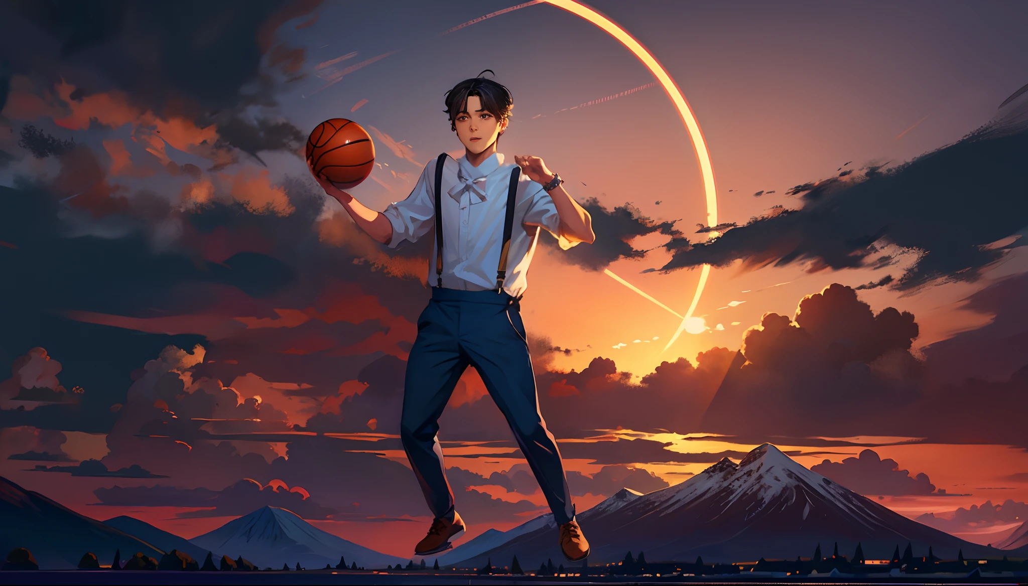 the sunset,eventide,Big Mountain,Medium short hair,Suspenders,Five fingers are normal and clear,Put your feet on the ground,Two hands,Two feet,basketball ball,