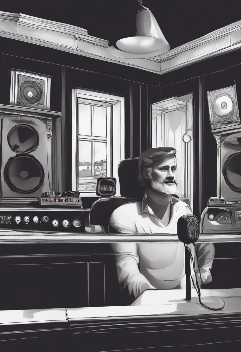 um homem, em breve, barba curta, olhos castanhos, com fones de ouvido, A music studio in the background, Imagem no estilo Pixar, Estilo de filme animado 3D, Disney, camiseta preta