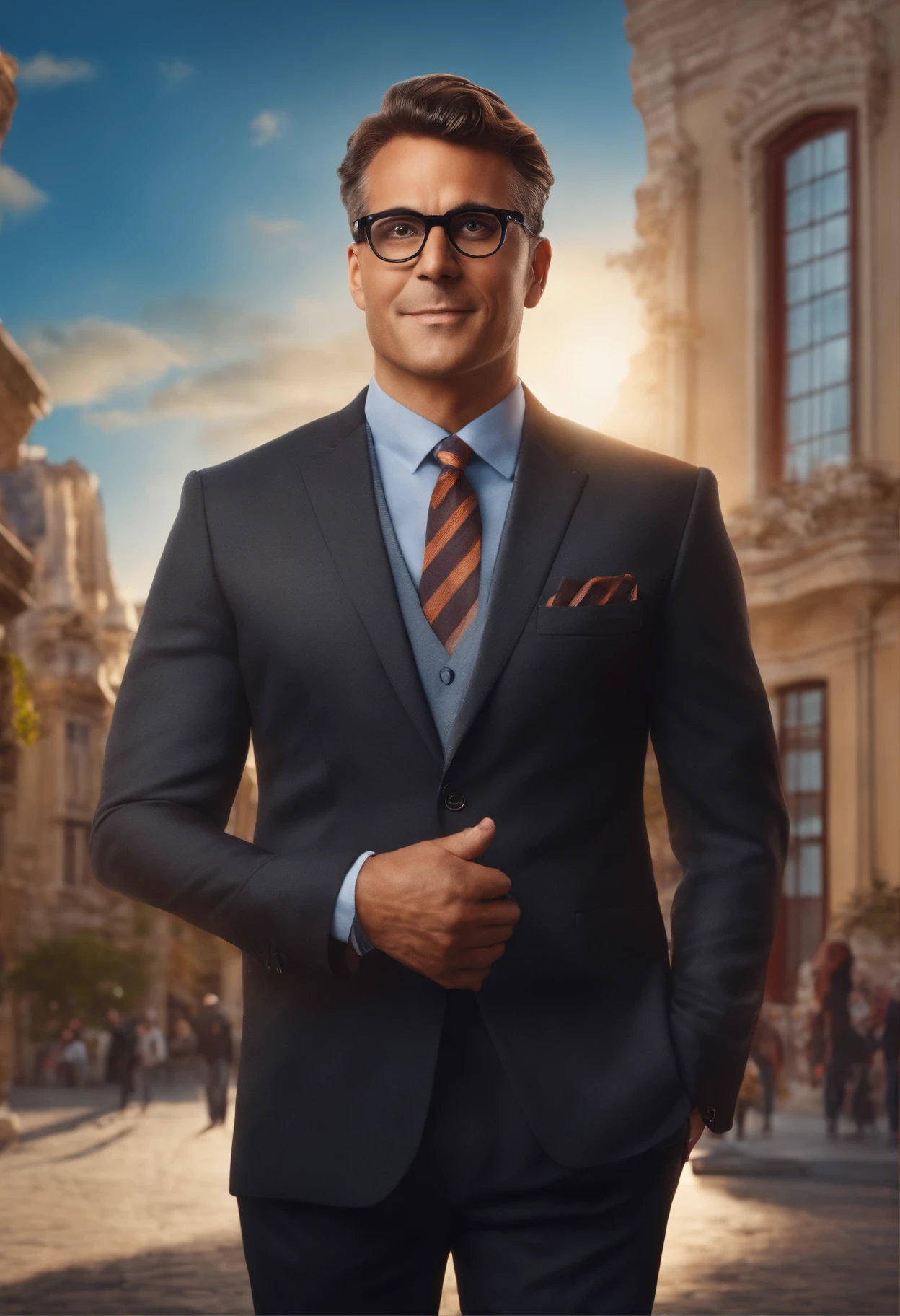 um homem, olhos castanhos, sem cabelo, com fones de ouvido, An accounting firm in the background, segurando uma calculadora, With eye Glasses, Imagem de estilo Pixar, 3D Animation Movie Style, Disney, camiseta preta