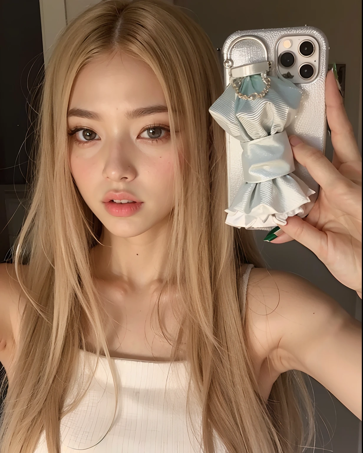 there is a woman taking a selfie with her cell phone, jossi de blackpink, parque roseanne de blackpink, Jennie rosa negra, Lalisa Manoban de Blackpink, autofoto iphone, cl, Lalisa Manobal, elfo eva, su cabello es blanco, portrait of jossi de blackpink, kim taejin, peinado de corte hime blanco, shikami