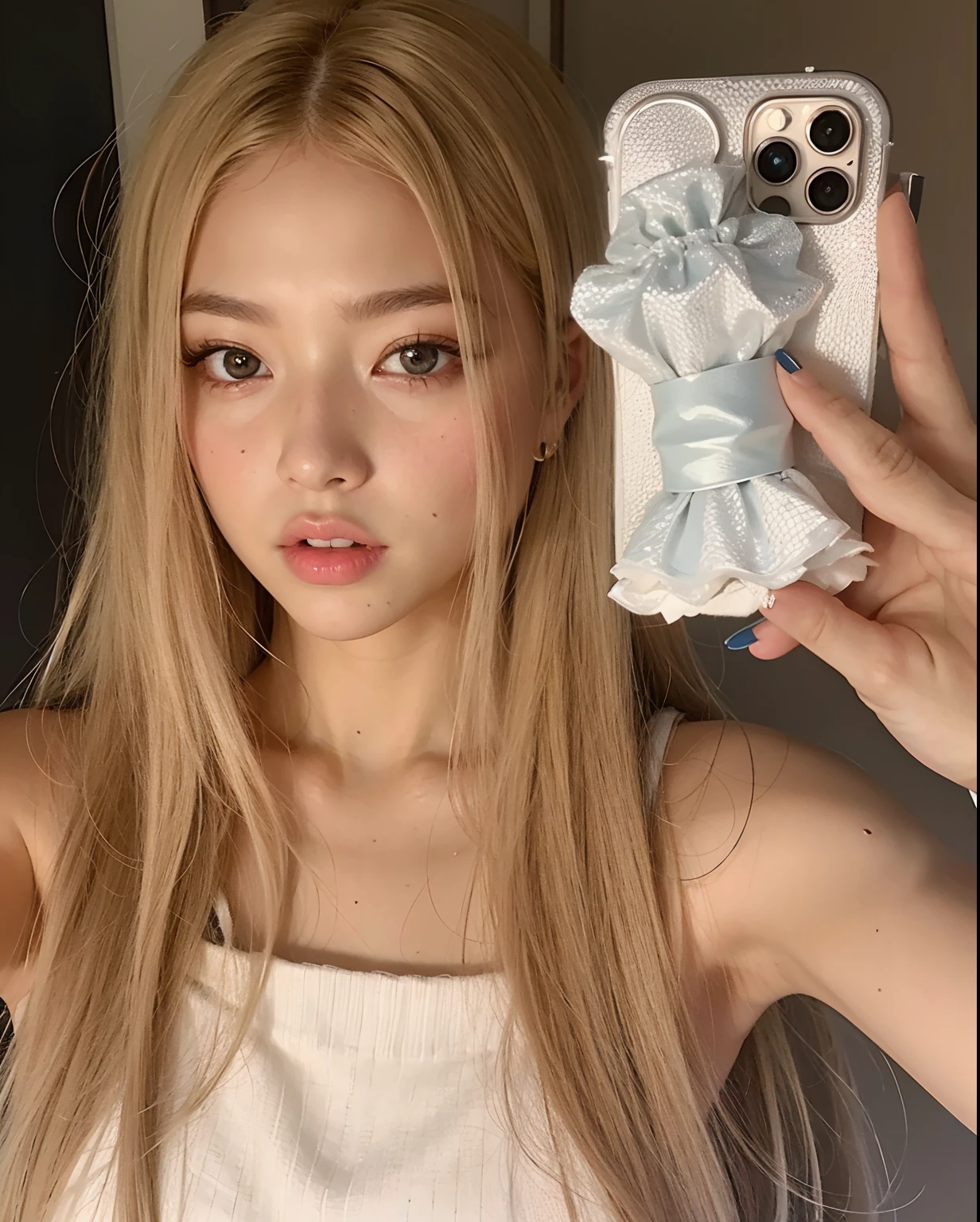 um close up de uma pessoa segurando um celular em frente a um espelho, Parque Roseanne do Blackpink, jossi do blackpink, jennie blackpink, Lalisa Manobal, Lalisa Manoban do Blackpink, branco hime corte penteado, com cabelos longos brancos, com longos cabelos loiros, iphone selfie, Eva Elfie, her hair is white, O corte Hime