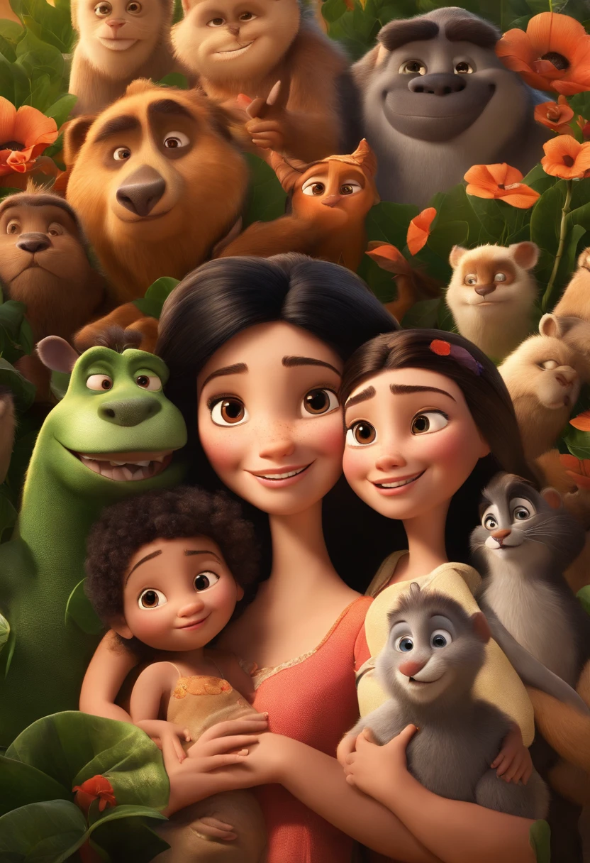 a Disney Pixar movie poster showing a white-skinned family. O pai o Tem , branco, cabelos curtos e espinhosos. The mother has black eyes and black hair, na altura dos ombros . A  tem 1anos e cabelos castanhos, roupa rosa e olhos azuis. The background is a beach garden. 3D-rendering