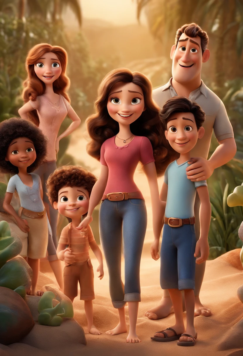 a Disney Pixar movie poster showing a white-skinned family. O pai o Tem , branco, cabelos curtos e espinhosos. The mother has black eyes and black hair, na altura dos ombros . A menina tem 1anos e cabelos castanhos, roupa rosa e olhos azuis. The background is a beach garden. 3D-rendering