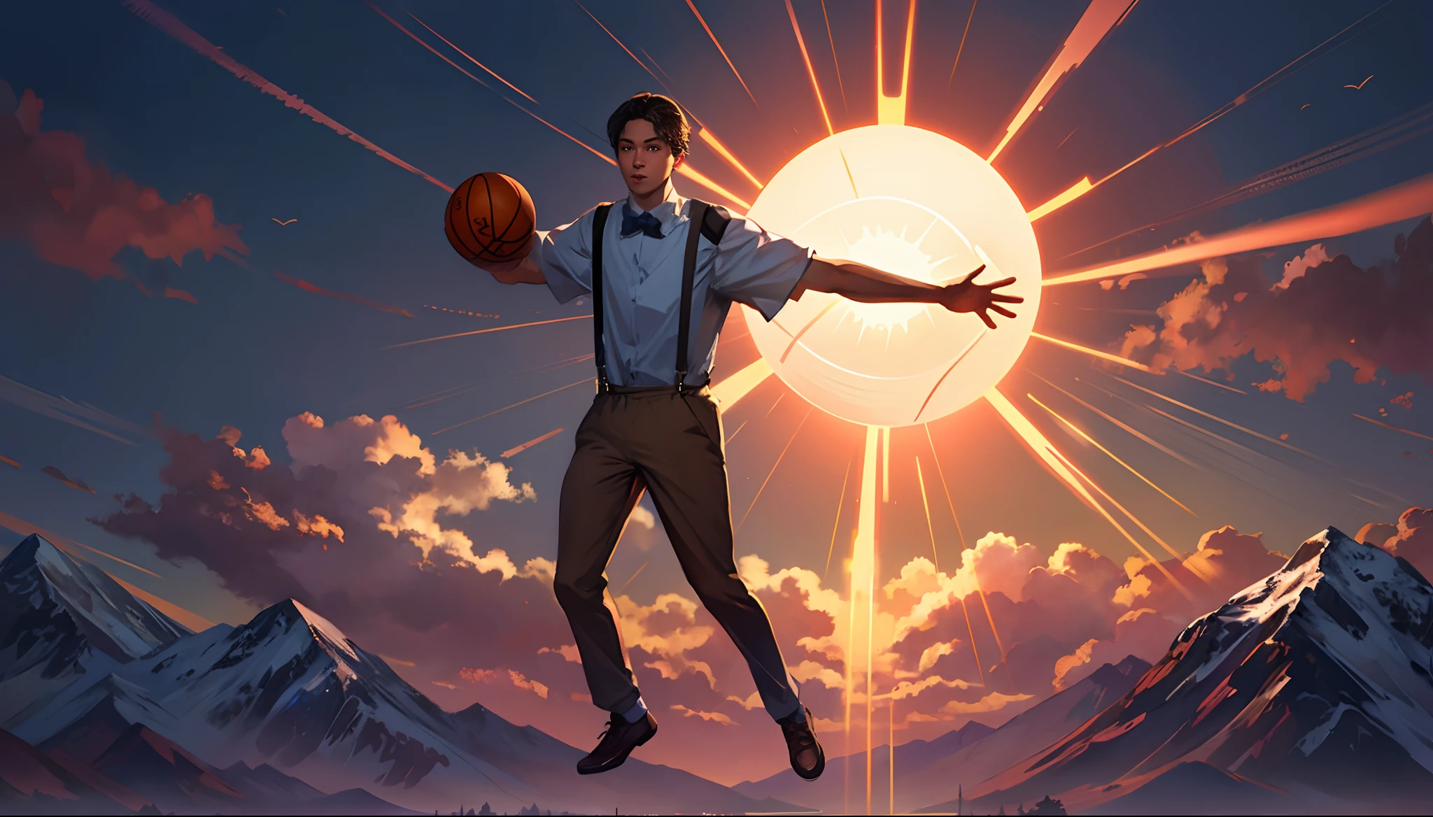 the sunset,eventide,Big Mountain,Medium short hair,Suspenders,Five fingers are normal and clear,Put your feet on the ground,Two hands,Two feet,basketball ball,Boy student