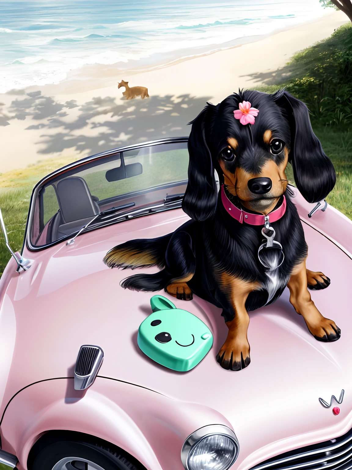 There's a little dog sitting in a toy car with flowers, Dachshund, Non-flying legs, Divertindo-se ao sol, dachshund robot, Weenie, sentada em seu carro, Top view, Retrato de um Dachshund, 1614572159, 🤬 🤮 💕 🎀, Looking towards the camera, feature, ao sol