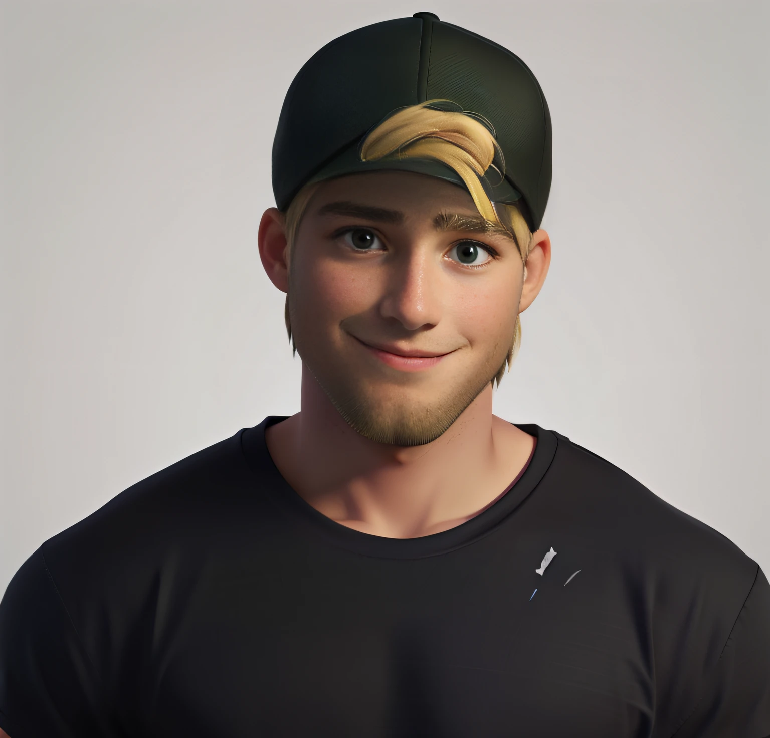 Blonde man green eyes in cap back black t-shirt, fotografo com fundo neutro