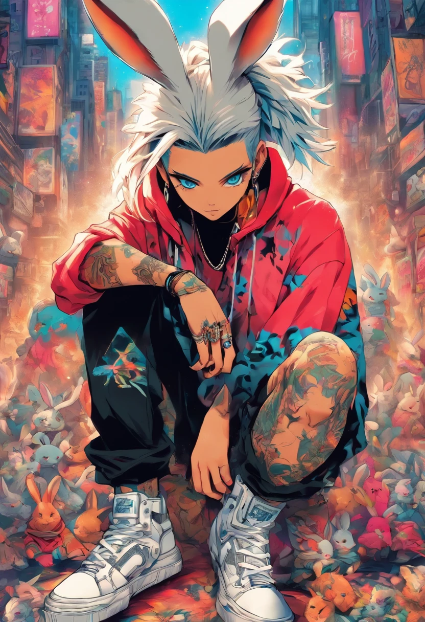 Cool and trendy rabbits, White hair, Blue eyes, Wear trendy hip-hop clothes, Wearing a hoodie, Graphic T-shirt and ripped jeans, Lots of tattoos and piercings, Doodle style background, Highly detailed background, perfect masterpiece, High quality, High resolution