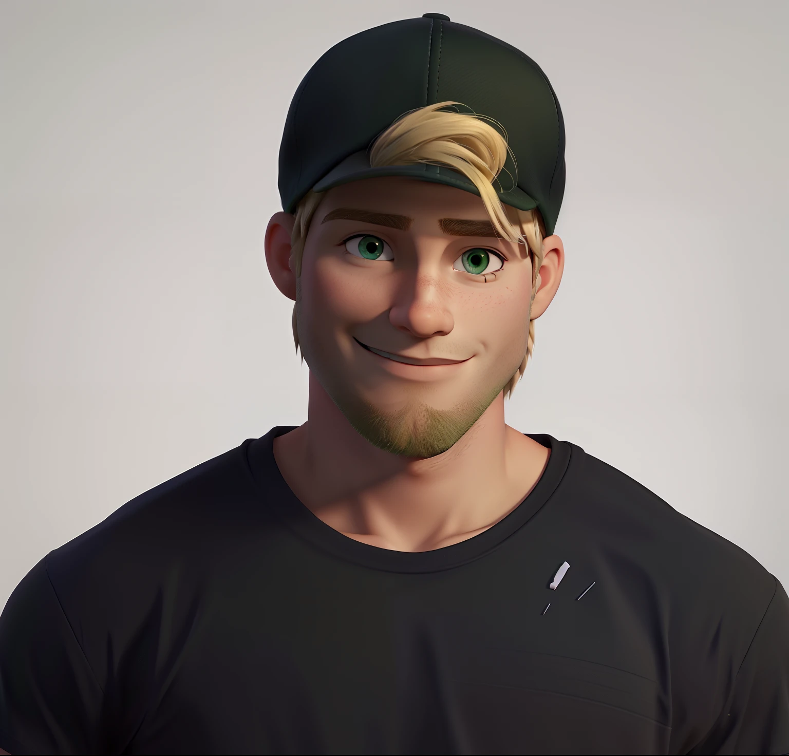Blonde man green eyes in cap back black t-shirt, fotografo com fundo neutro