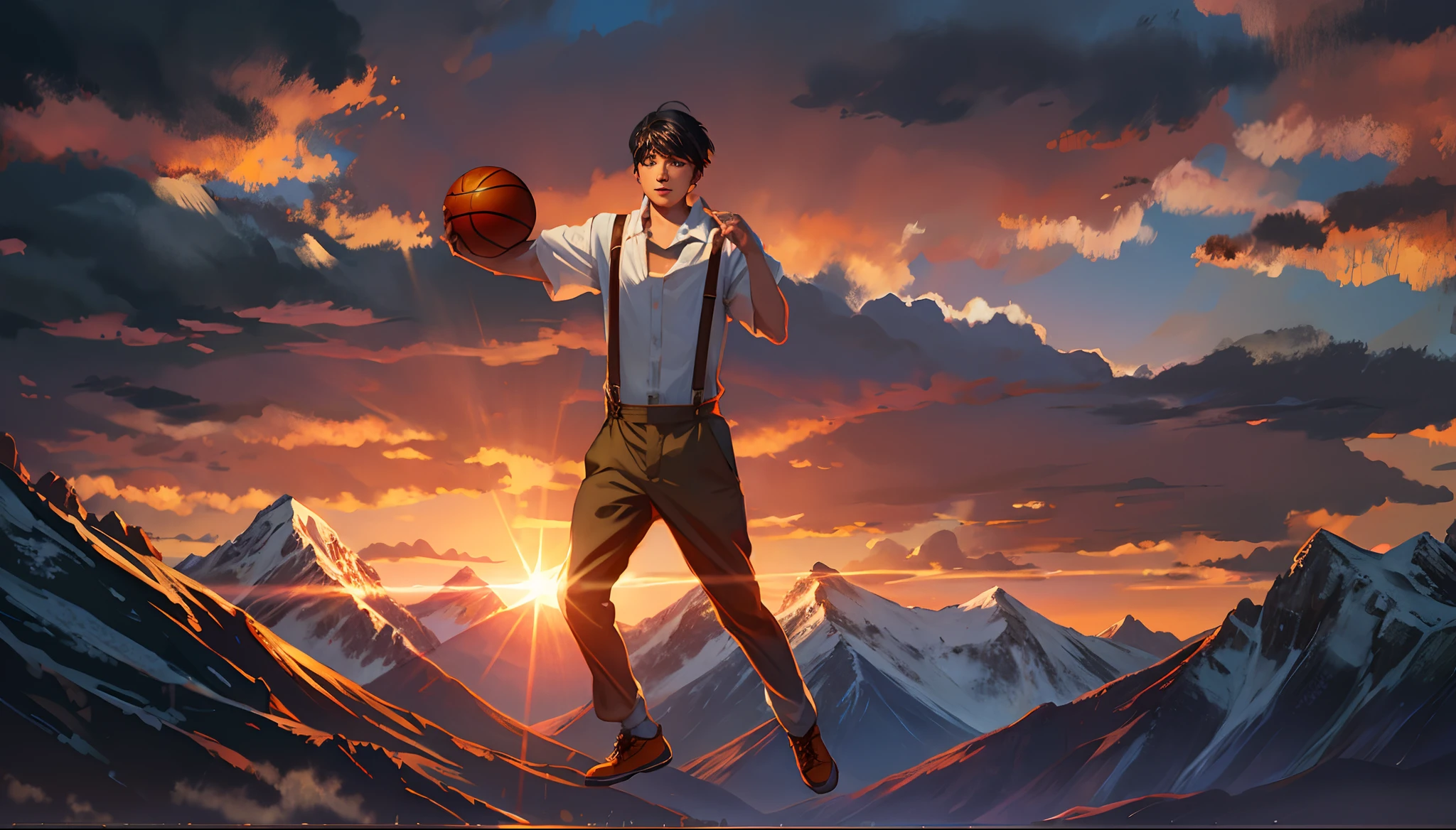 the sunset，eventide，Big Mountain，Medium short hair，Suspenders，Five fingers are normal and clear，Put your feet on the ground，Two hands，Two feet，basketball ball，