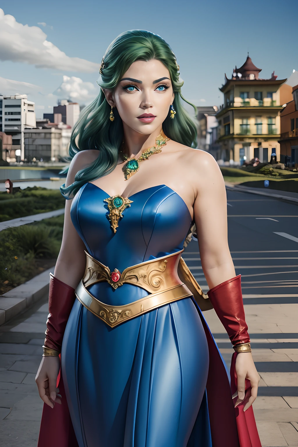 imagem de corpo inteiro, Standing, Princesa Zelda gigante, (vermelho com traje prateado:1.5), como Ultraman, mamas imensamente grandes1, terno de corpo muito apertado, maquiagem pesada no rosto, Light blue jewelry on breastplate, helmet on the head, Batom vermelho na boca, (ela olhos verdes:1.5, cabelos azuis:1.5), olhando para o espectador de frente, She is in a futuristic city with several monsters attacking the buildings, Tokusatsu, Ultraman, estilo anime, Cinematic lighting, 16k, UHD, master part, best quality, Detalhes altos