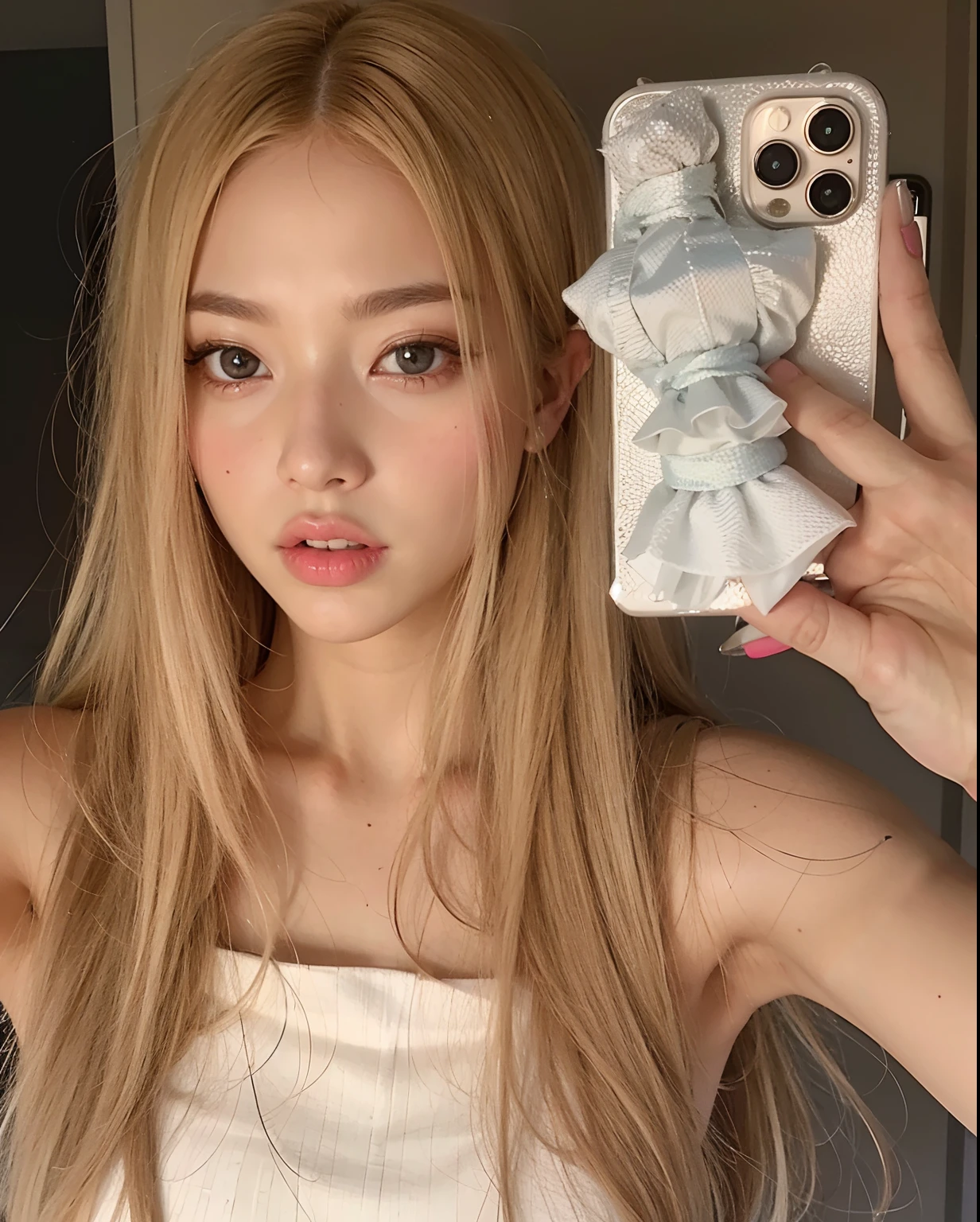 um close up de uma pessoa segurando um celular em frente a um espelho, Parque Roseanne do Blackpink, jossi do blackpink, jennie blackpink, Lalisa Manobal, Lalisa Manoban do Blackpink, branco hime corte penteado, com cabelos longos brancos, com longos cabelos loiros, iphone selfie, Eva Elfie, her hair is white, O corte Hime