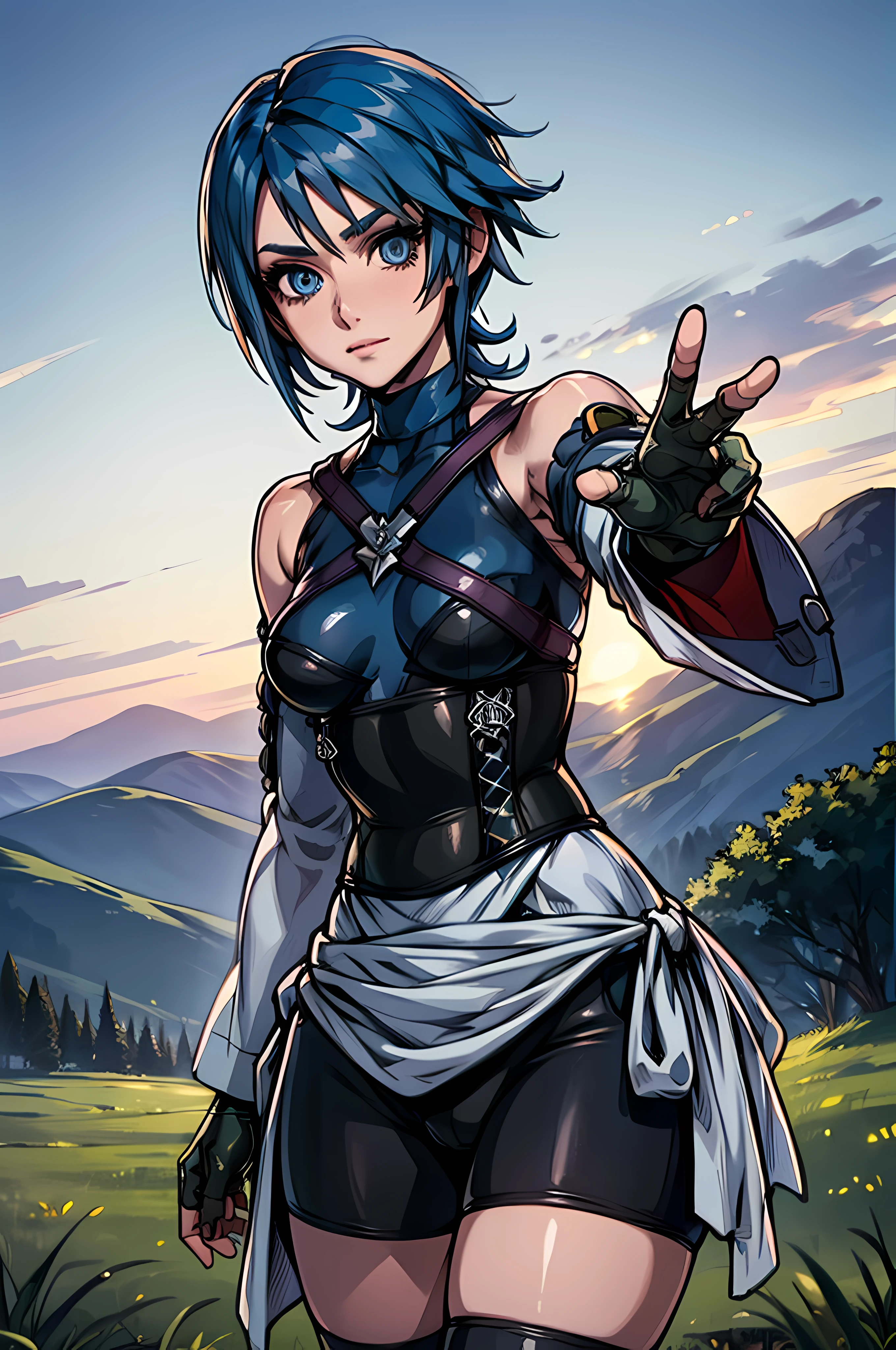 aaaqua, short hair, blue hair, blue eyes, medium breasts, turtleneck, harness, blue shirt, detached sleeves, corset, black shorts, waist cape, black thighhighs, fingerless gloves, looking at the viewer, clear sky, close up, cowboy shot, transparent water landscape,standing, portrait, close up, view from the frontal, upper body