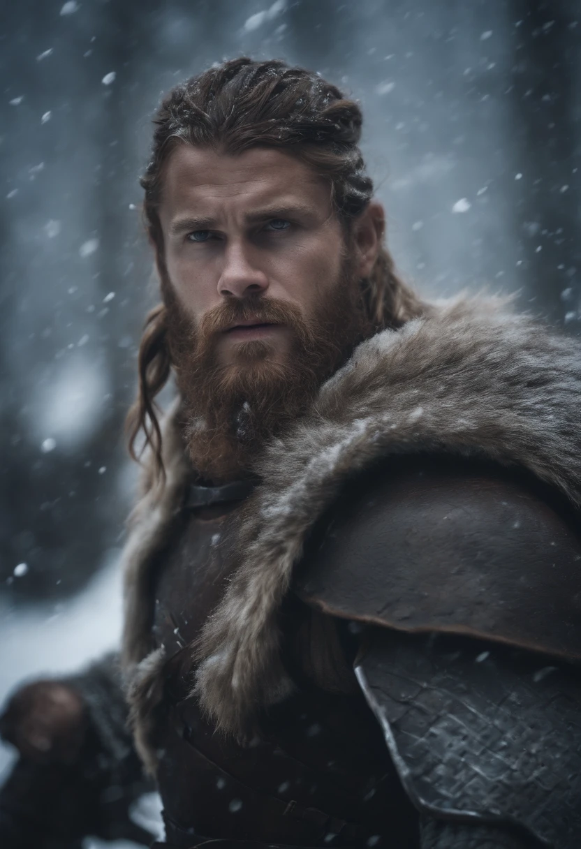 viking com cabelo ruivo subindo uma montanha de gelo no meio de uma tempestade de neve