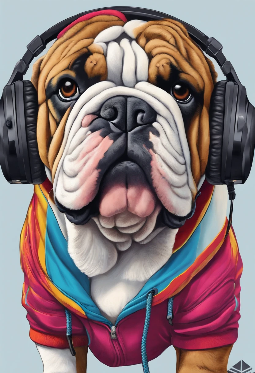 English bulldog wearing an 80's adidas hoodie with headset