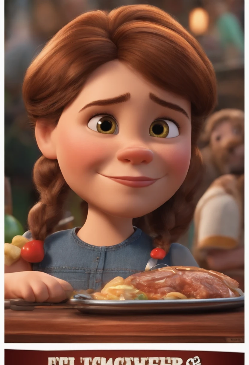 a Disney Pixar movie poster showing a 35-year-old woman with medium brown hair, slanted eyes also brown. This woman is a barbecue roaster, veste um avental de couro, jeans and black blouse. Her hair is tied up and she wears a black cap with the initials BBQ on it.