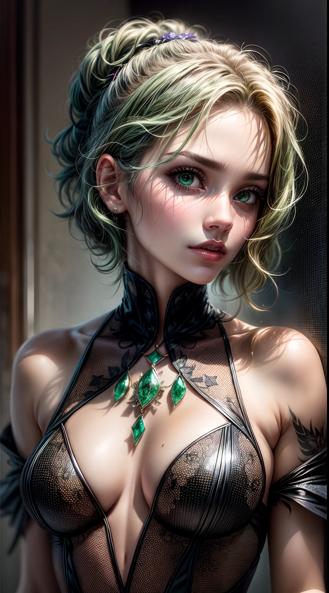 full body, butterfly and flower shoulder tattoo, A mesmerizing masterpiece capturing a photorealistic portrayal of a woman with emerald green hair cascading around her face. Her piercing green eyes, subtly blurred yet captivating, draw the viewer's gaze with an intensity reminiscent of "The Matrix." She gazes directly at the viewer, exuding confidence and intrigue. The lighting is expertly crafted, casting beautiful shadows and highlighting her features with professional precision. The background is softly blurred, emphasizing her presence while maintaining a sense of depth. The portrait exudes a sense of realism, with meticulous attention to detail, including the texture of her short hair and the subtle nuances of her parted lips. The image showcases a film grain effect, adding an artistic touch and enhancing the overall atmosphere