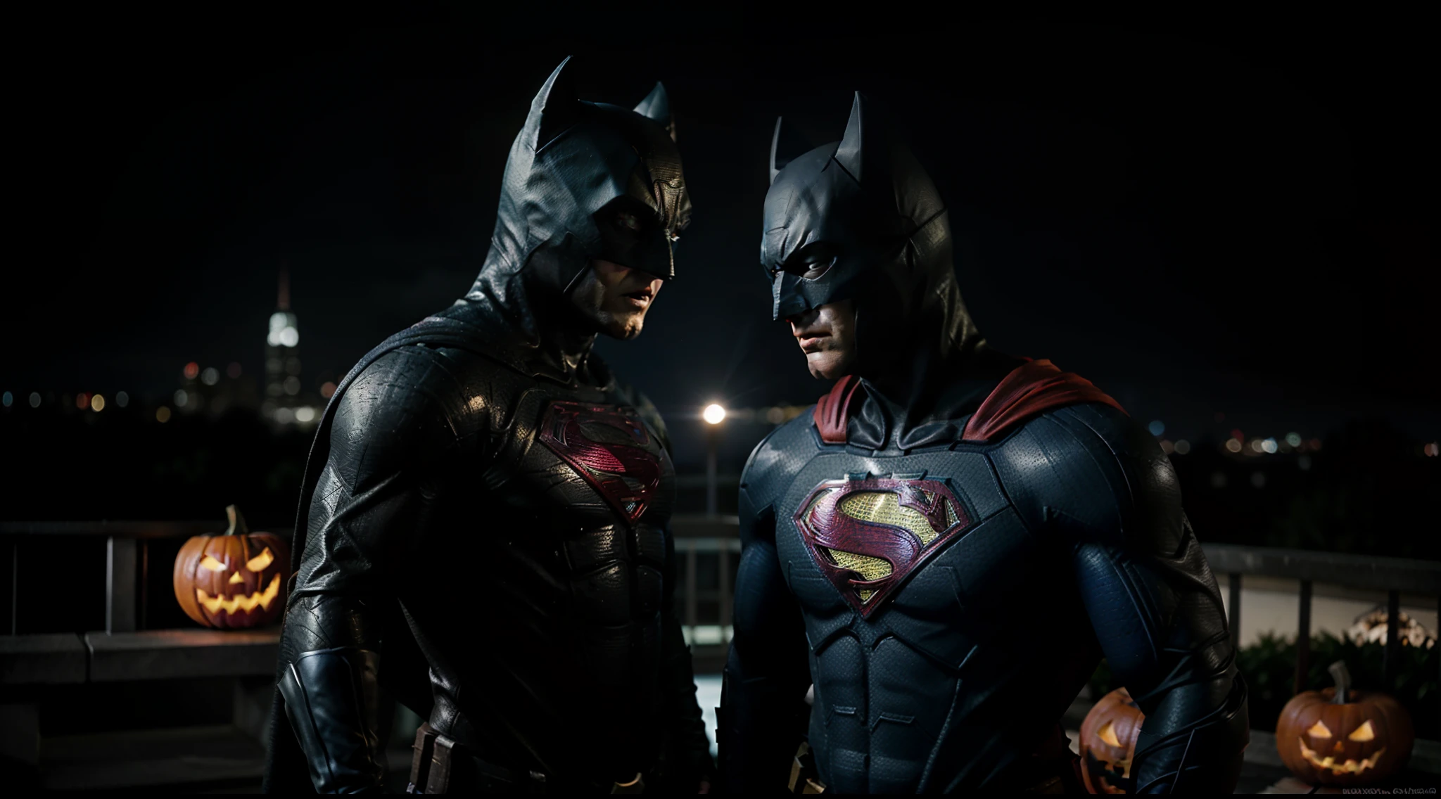 Batman versus Superman, iluminado pela luz da lua, numa noite de halloween, contra o pano de fundo de uma cidade iluminada, estilo capa de filme da Disney e Pixar, ultrarealismo, fotorealismo